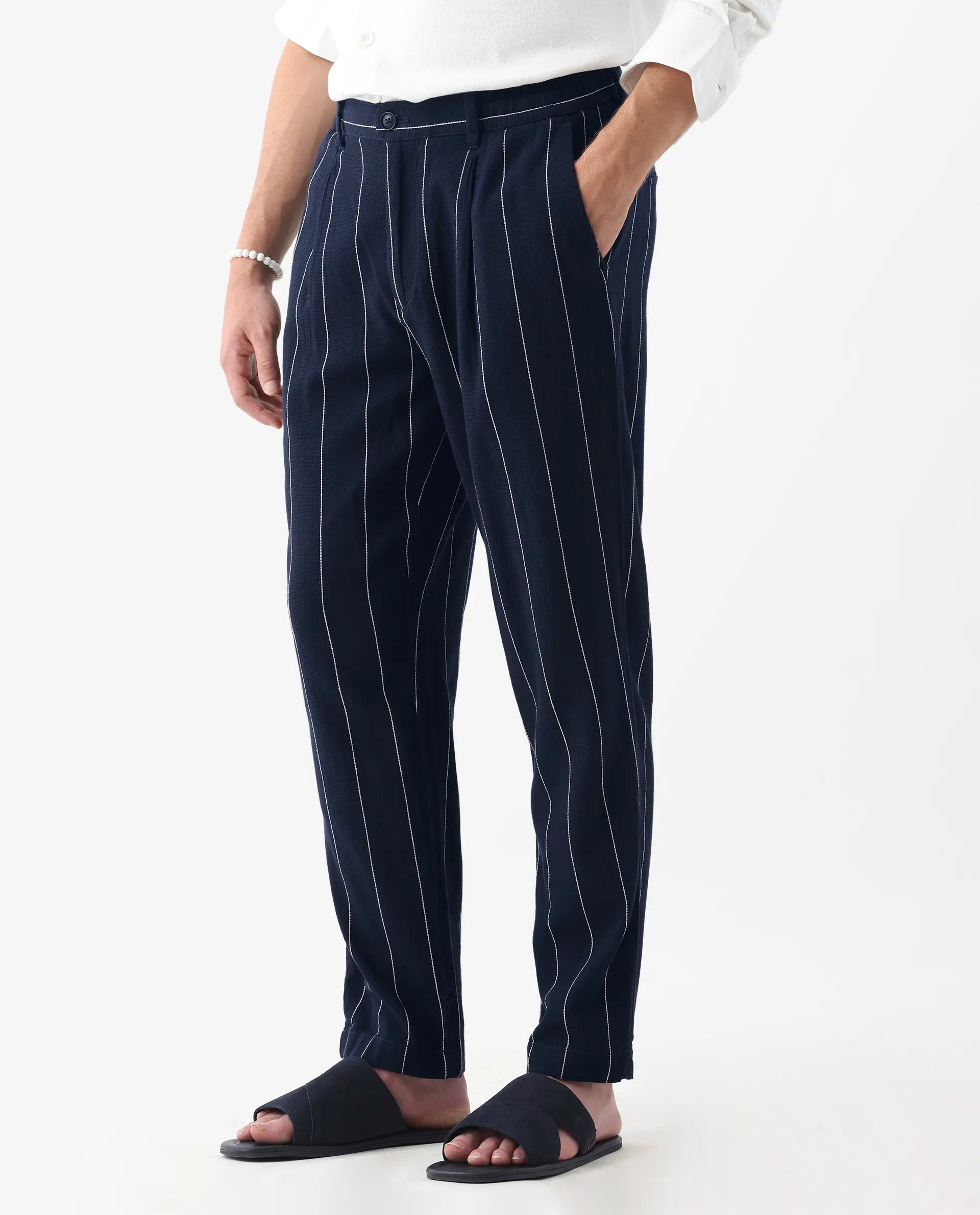 Rare Rabbit Men's Stet Navy Linen Blend Striped Print Relaxed Fit Trouser