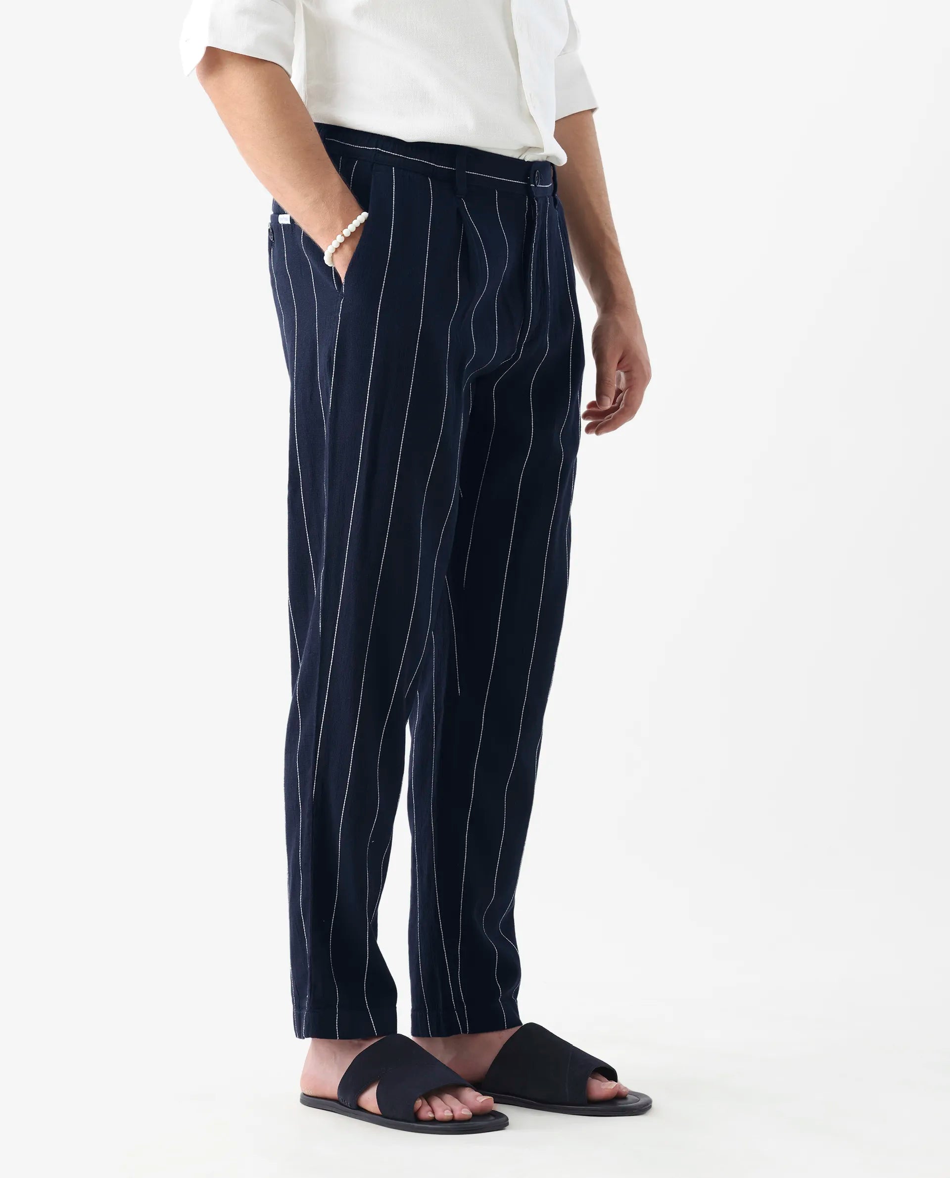 Rare Rabbit Men's Stet Navy Linen Blend Striped Print Relaxed Fit Trouser