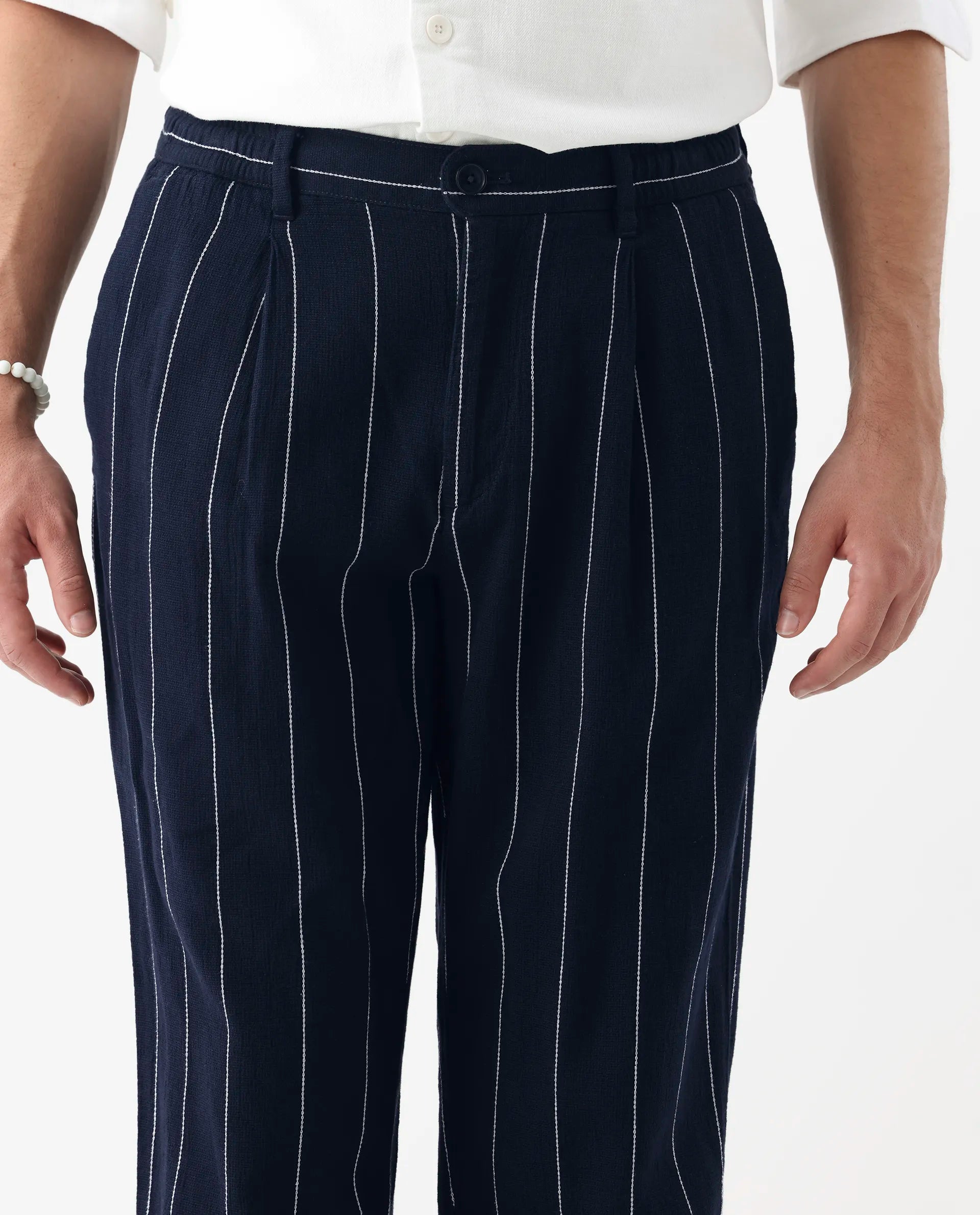 Rare Rabbit Men's Stet Navy Linen Blend Striped Print Relaxed Fit Trouser