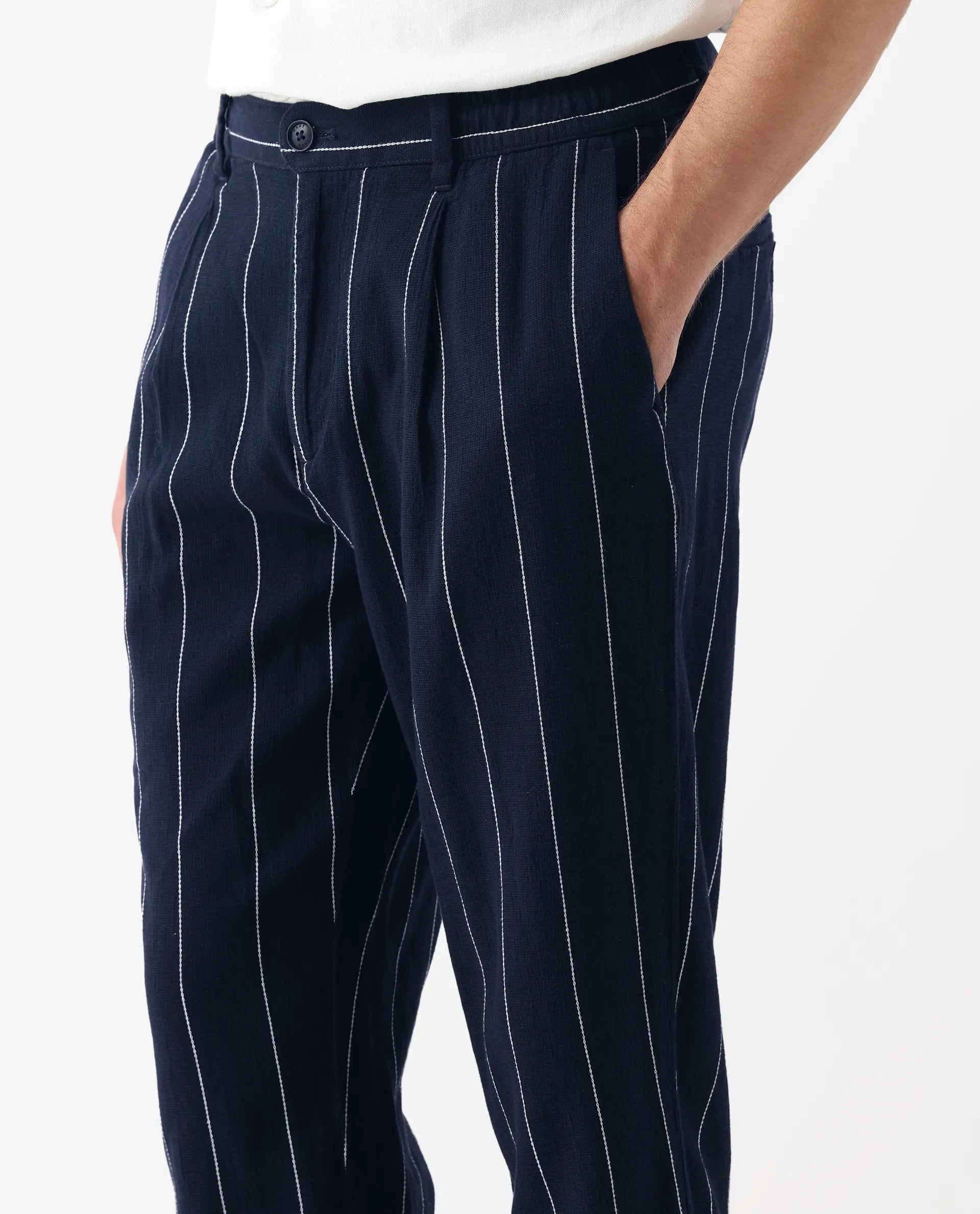 Rare Rabbit Men's Stet Navy Linen Blend Striped Print Relaxed Fit Trouser