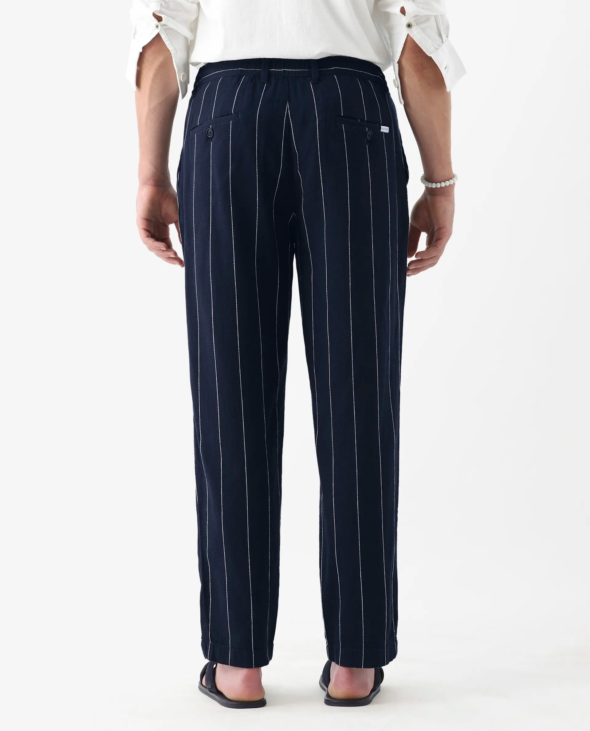 Rare Rabbit Men's Stet Navy Linen Blend Striped Print Relaxed Fit Trouser