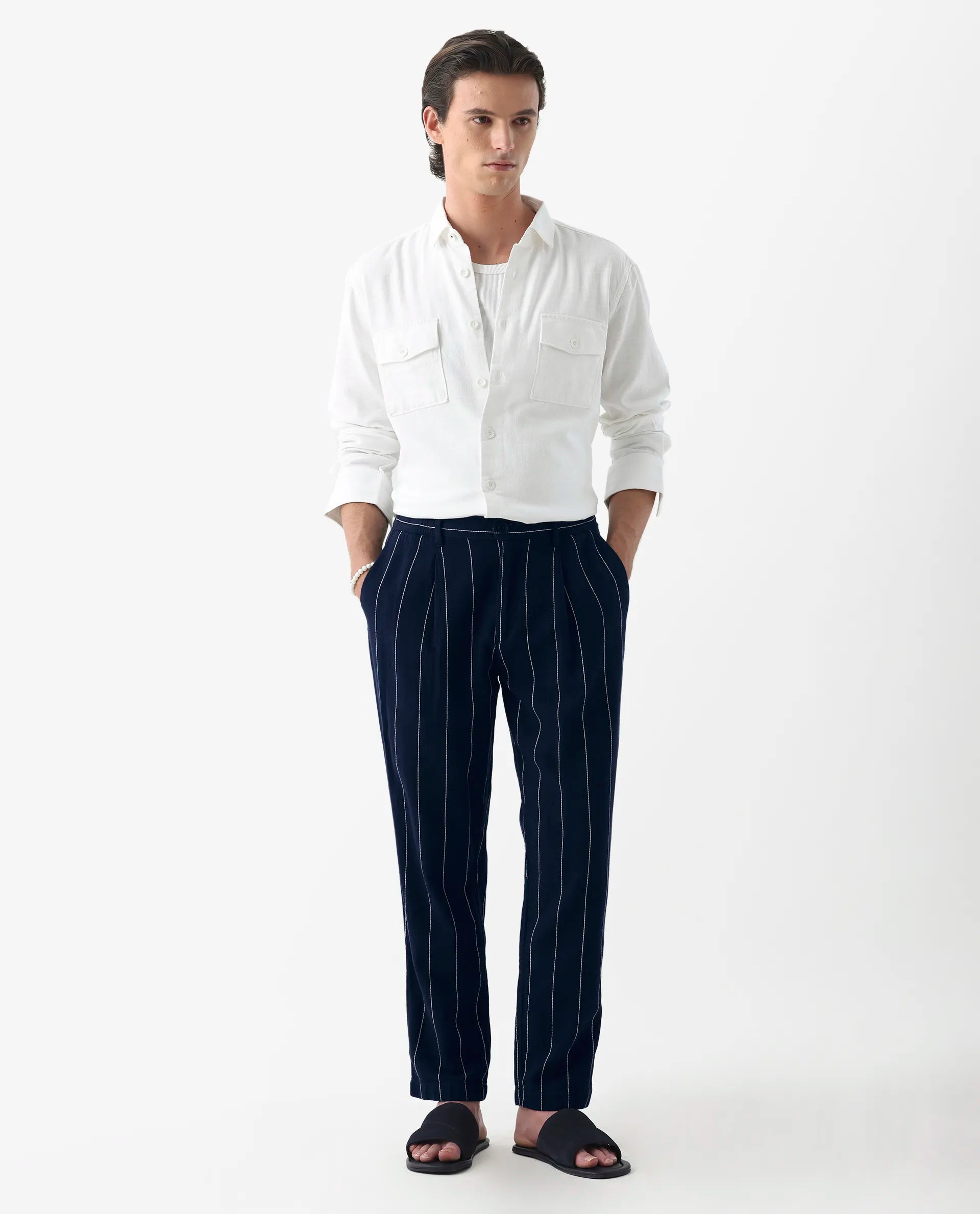 Rare Rabbit Men's Stet Navy Linen Blend Striped Print Relaxed Fit Trouser