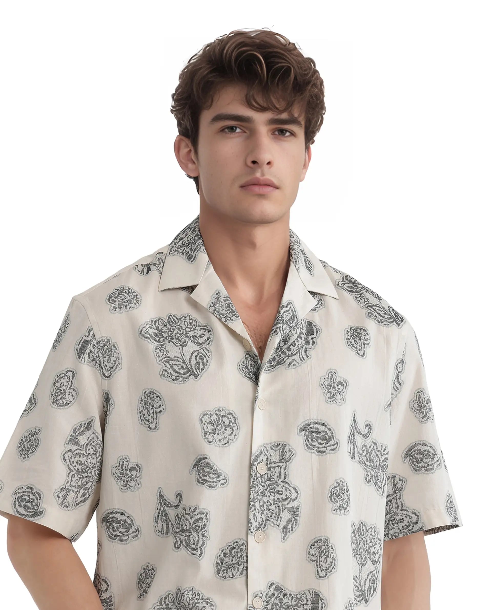 Rare Rabbit Men's Steve Black Cotton Blend Jacquard Boxy Fit Half Sleeve Cuban Collar Shirt