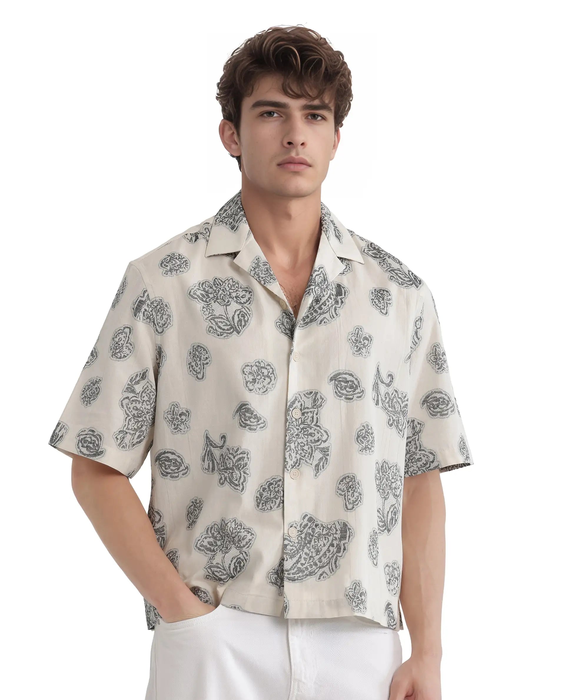 Rare Rabbit Men's Steve Black Cotton Blend Jacquard Boxy Fit Half Sleeve Cuban Collar Shirt