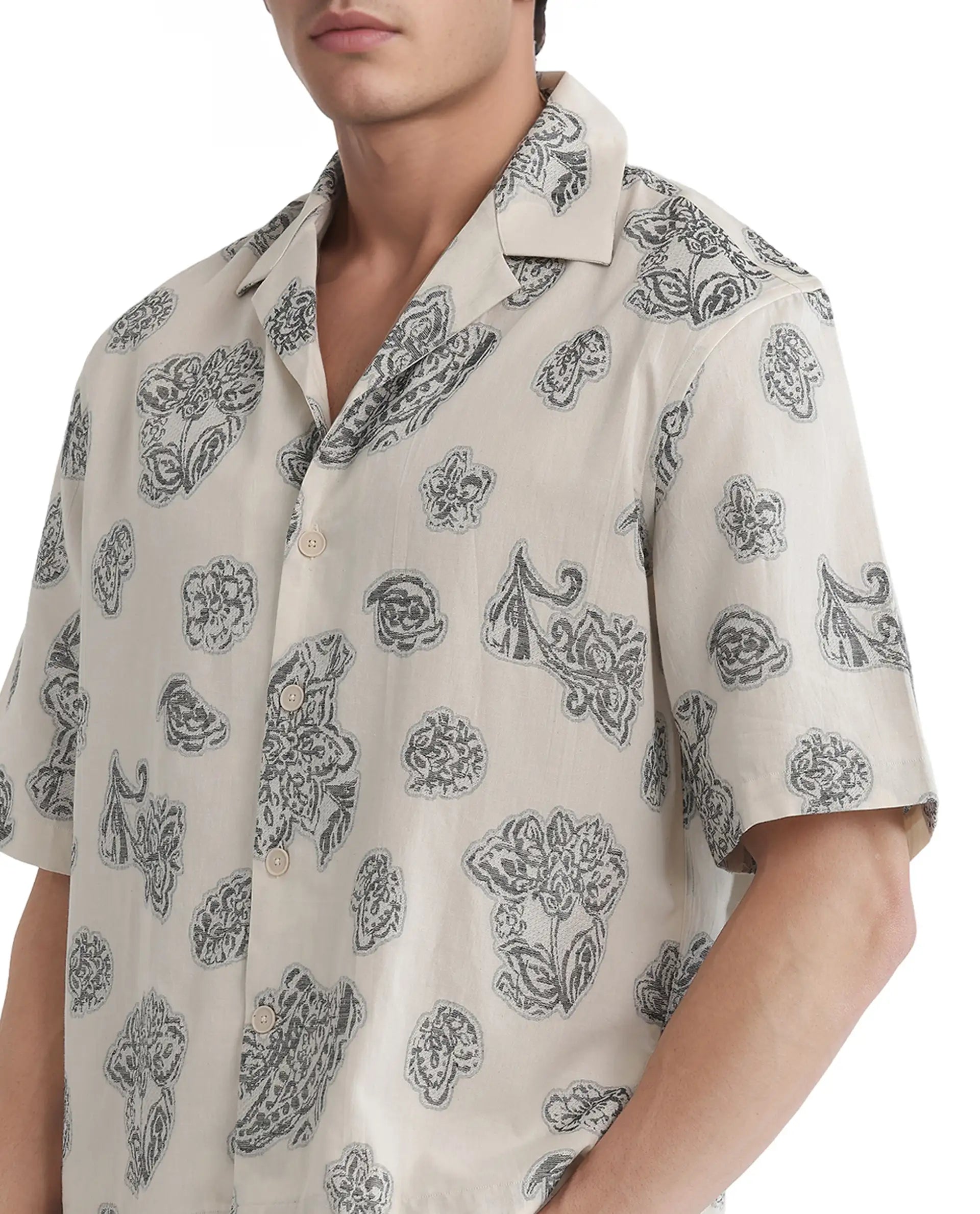 Rare Rabbit Men's Steve Black Cotton Blend Jacquard Boxy Fit Half Sleeve Cuban Collar Shirt