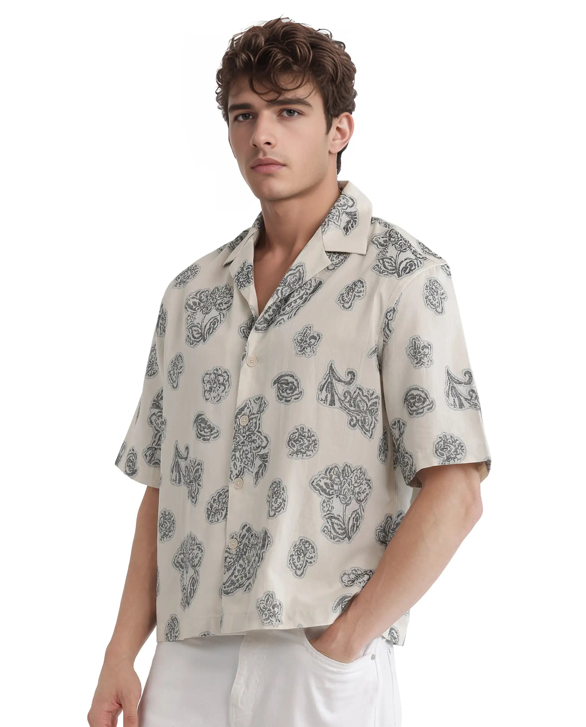 Rare Rabbit Men's Steve Black Cotton Blend Jacquard Boxy Fit Half Sleeve Cuban Collar Shirt