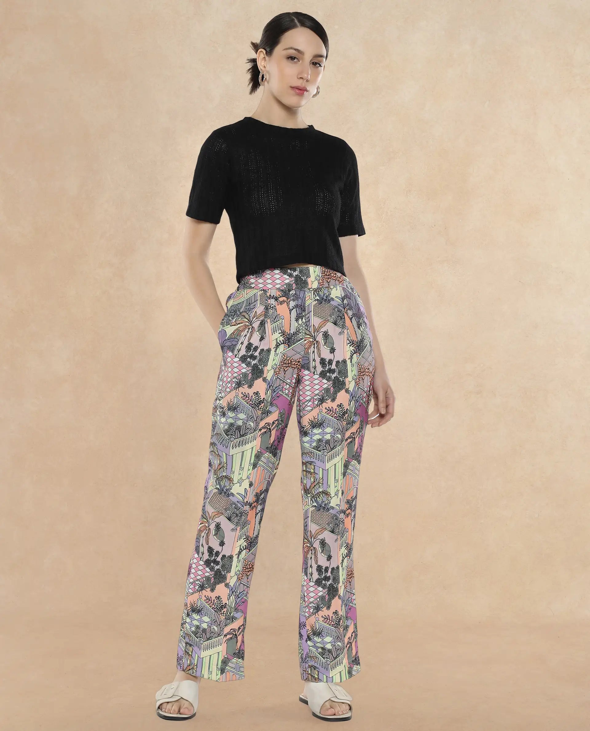 Rareism Women Stevie-B Light Multi Loop Straight Fit Abstract Print Ankle Length Trouser