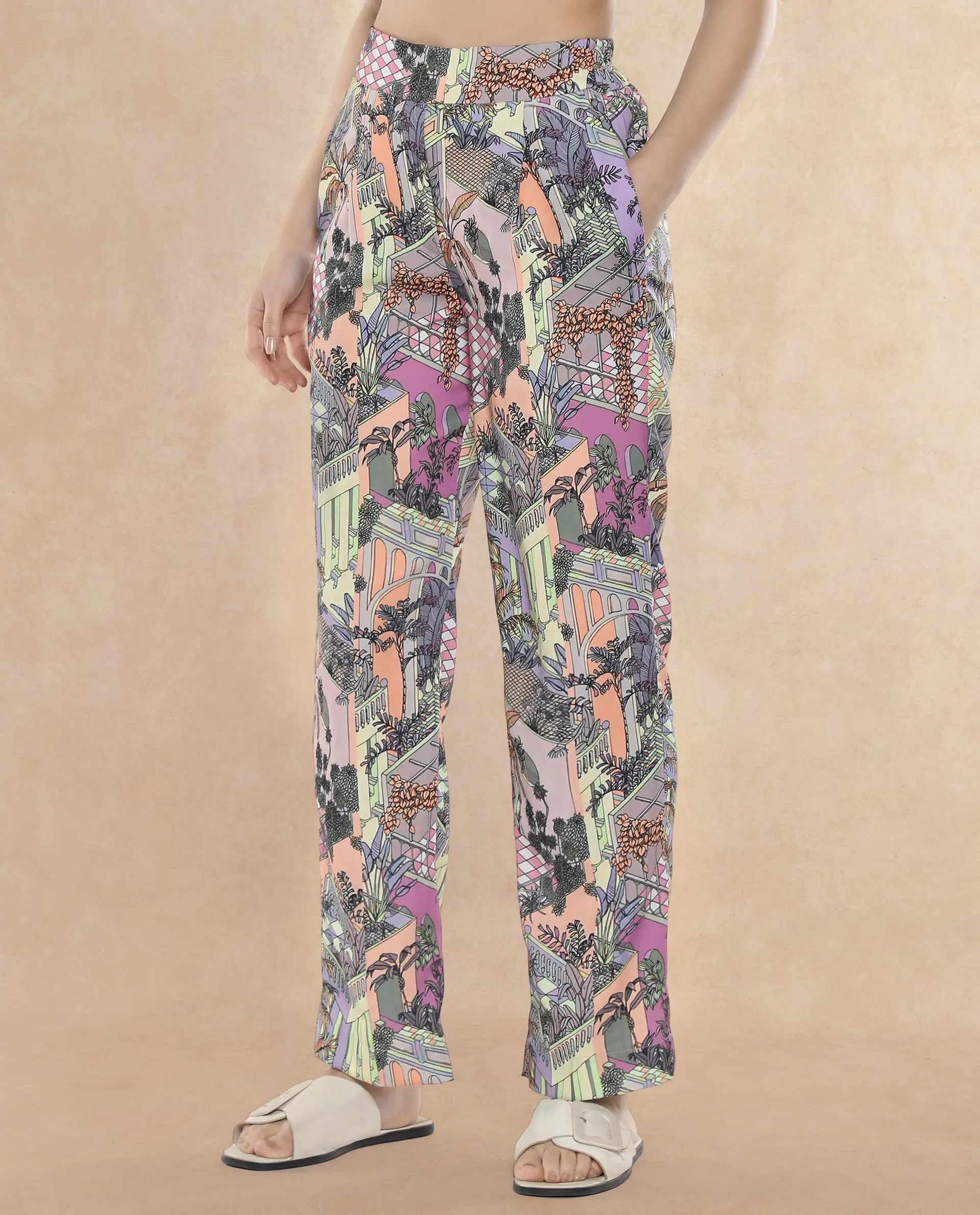 Rareism Women Stevie-B Light Multi Loop Straight Fit Abstract Print Ankle Length Trouser