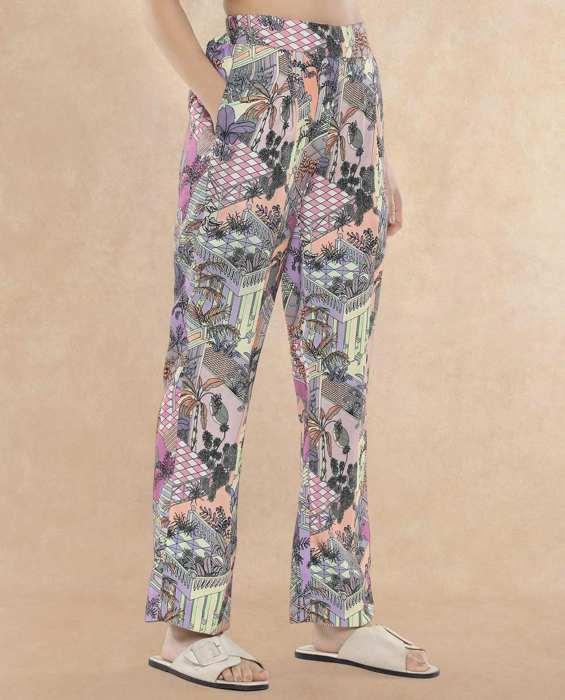 Rareism Women Stevie-B Light Multi Loop Straight Fit Abstract Print Ankle Length Trouser