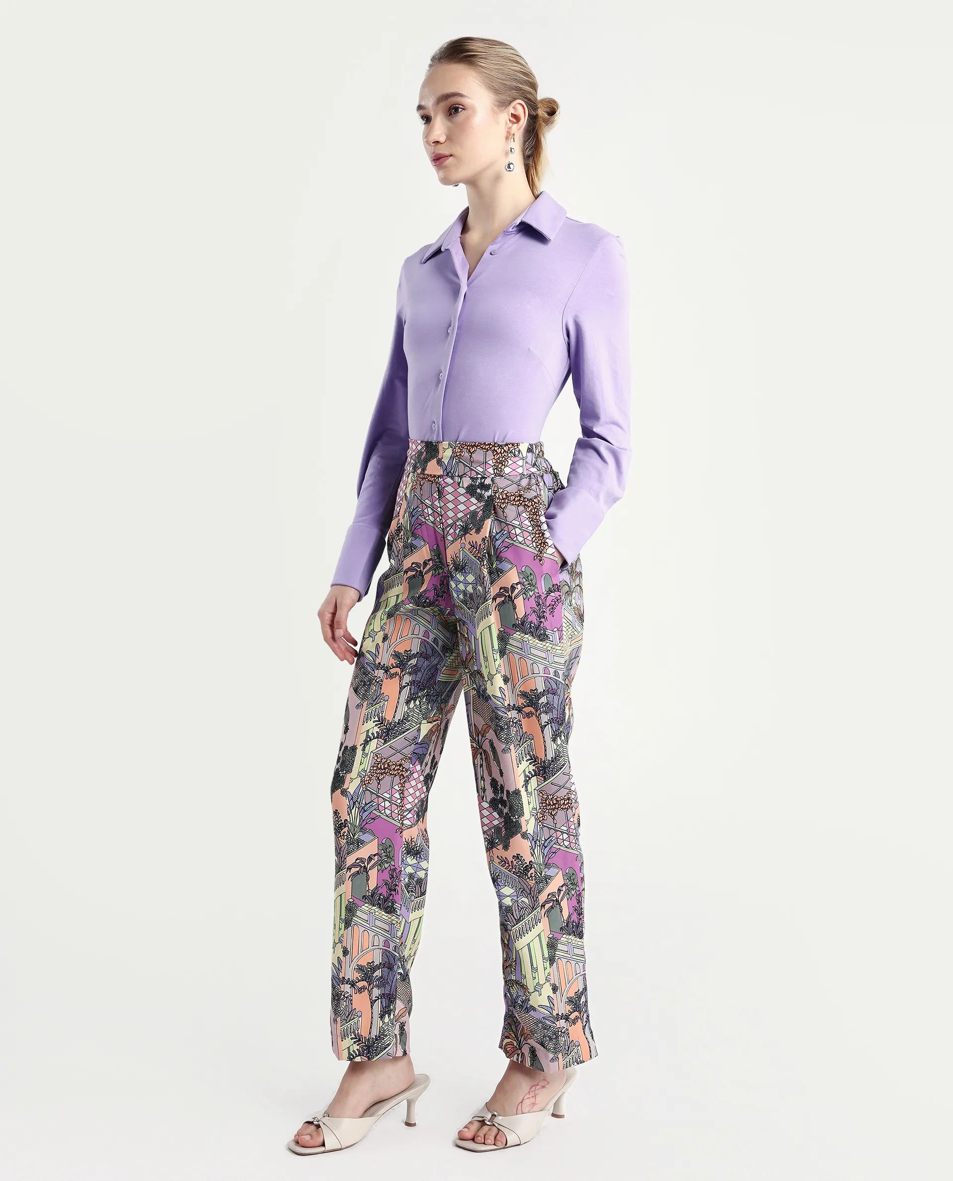 Rareism Women's Stevie-B Light Multi Polyester Abstract Print Ankle Length Straight Fit Trouser