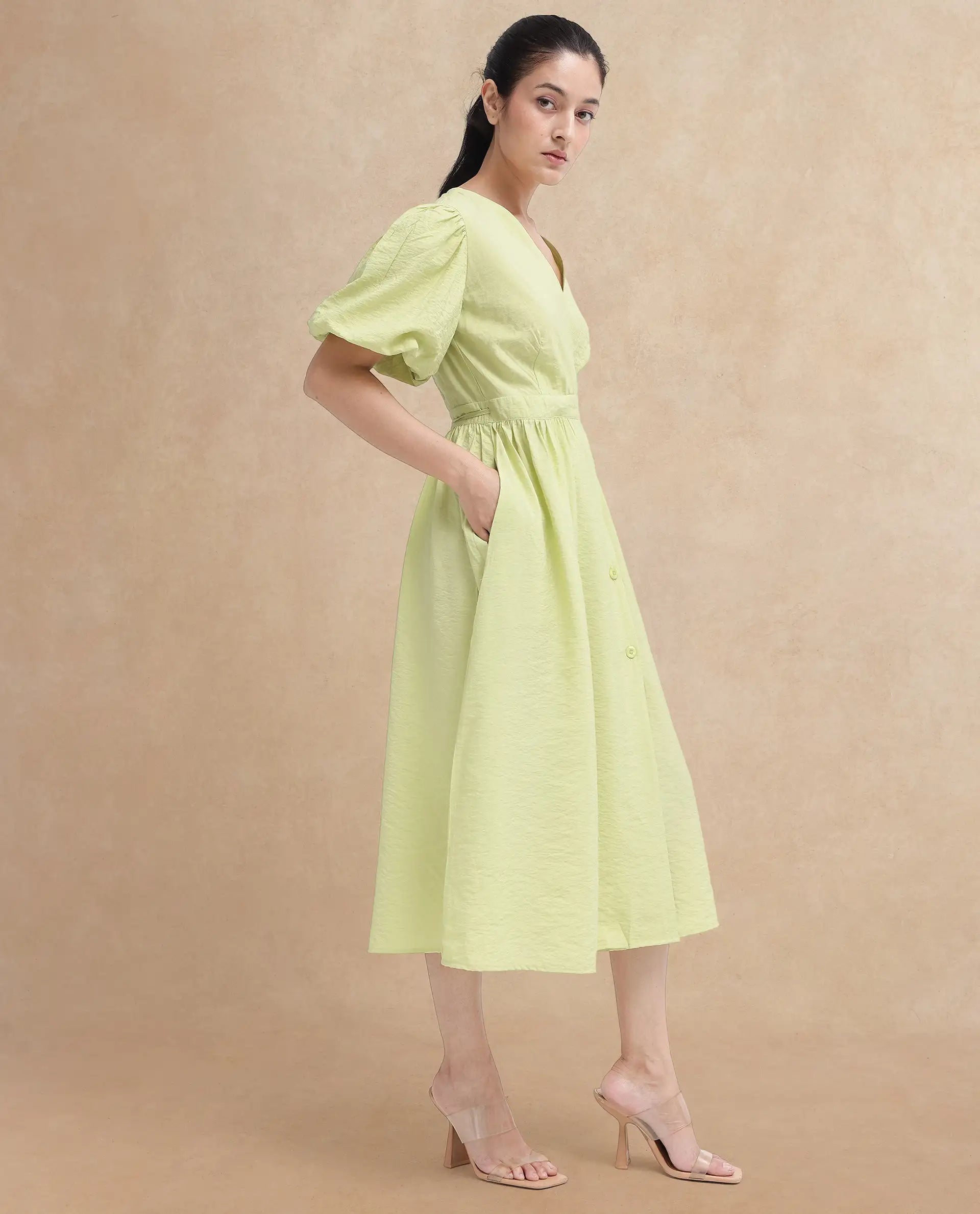 Rareism Women's Stewart Light Green Nylon Blend Overlap Neck Plain Balloon Sleeve Maxi Fit And Flare Dress