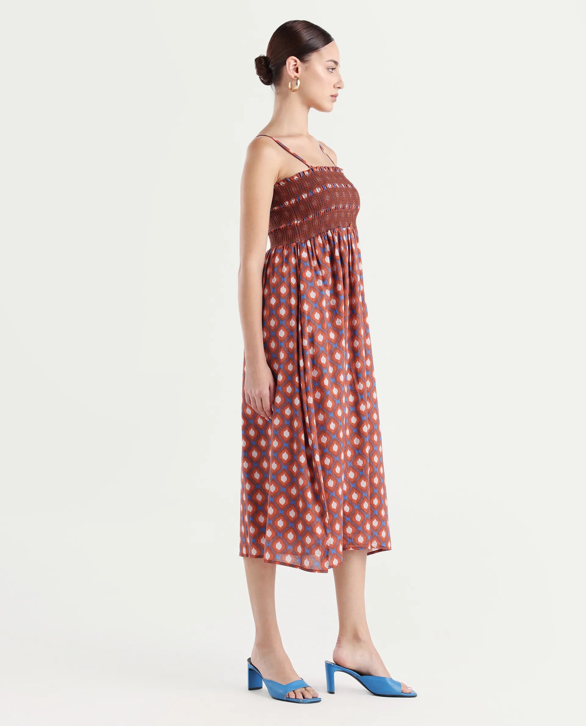 Rareism Women's Stewart Multi Cotton Shoulder Strap Geometric Print Shoulder Strap Midi Fit And Flare Dress