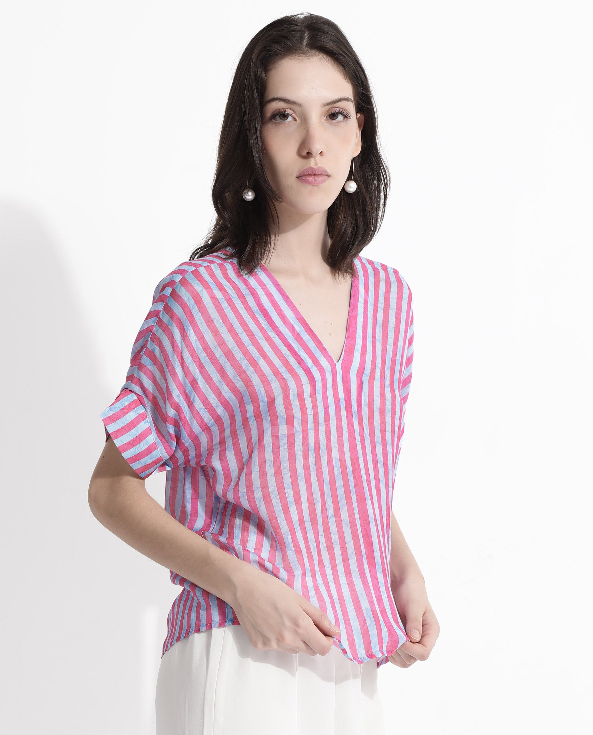 Rareism Women's Stigner Pink Cotton V-Neck Striped Extended Sleeves Regular Fit Top