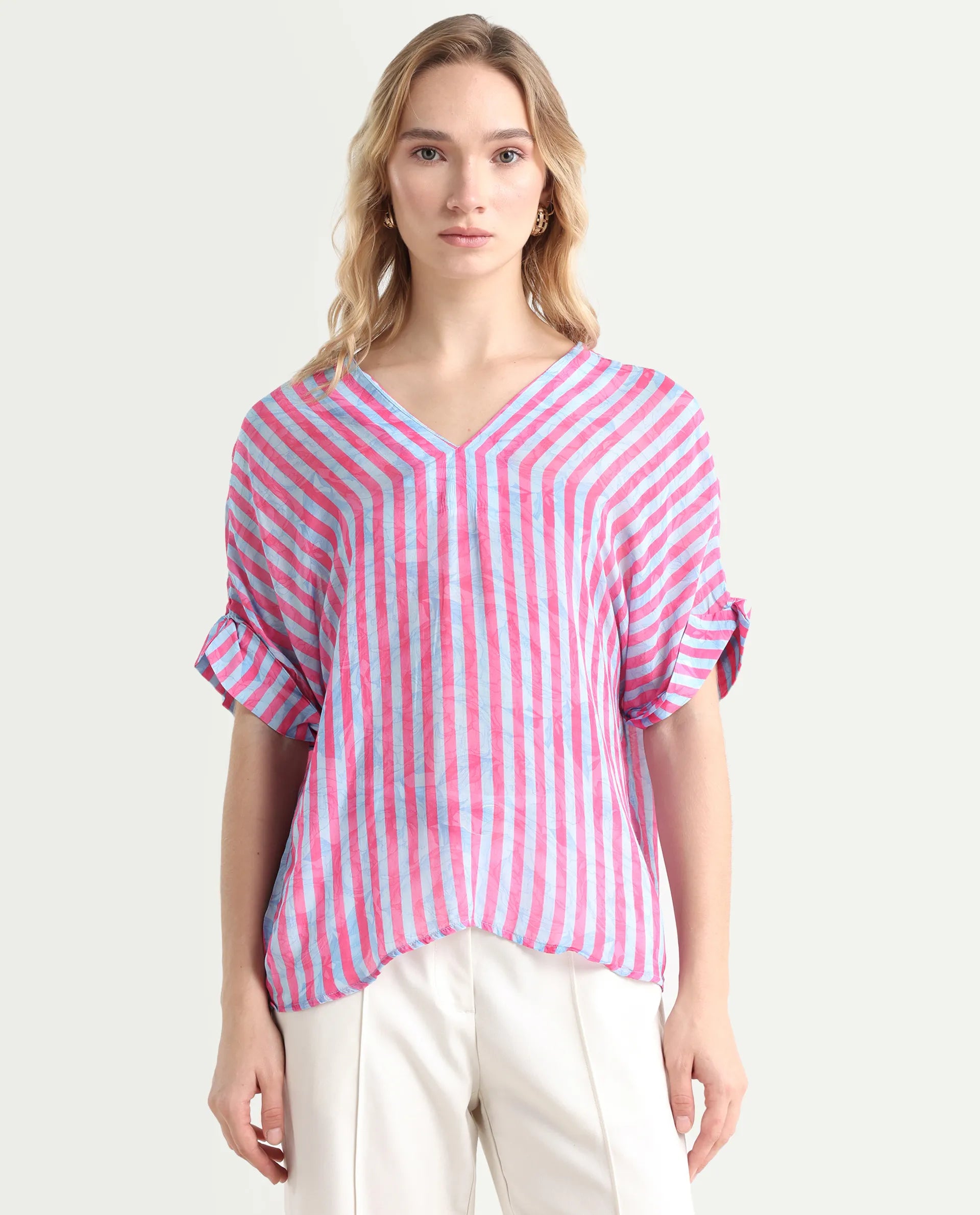 Rareism Women's Stigner Pink Cotton V-Neck Striped Extended Sleeves Regular Fit Top