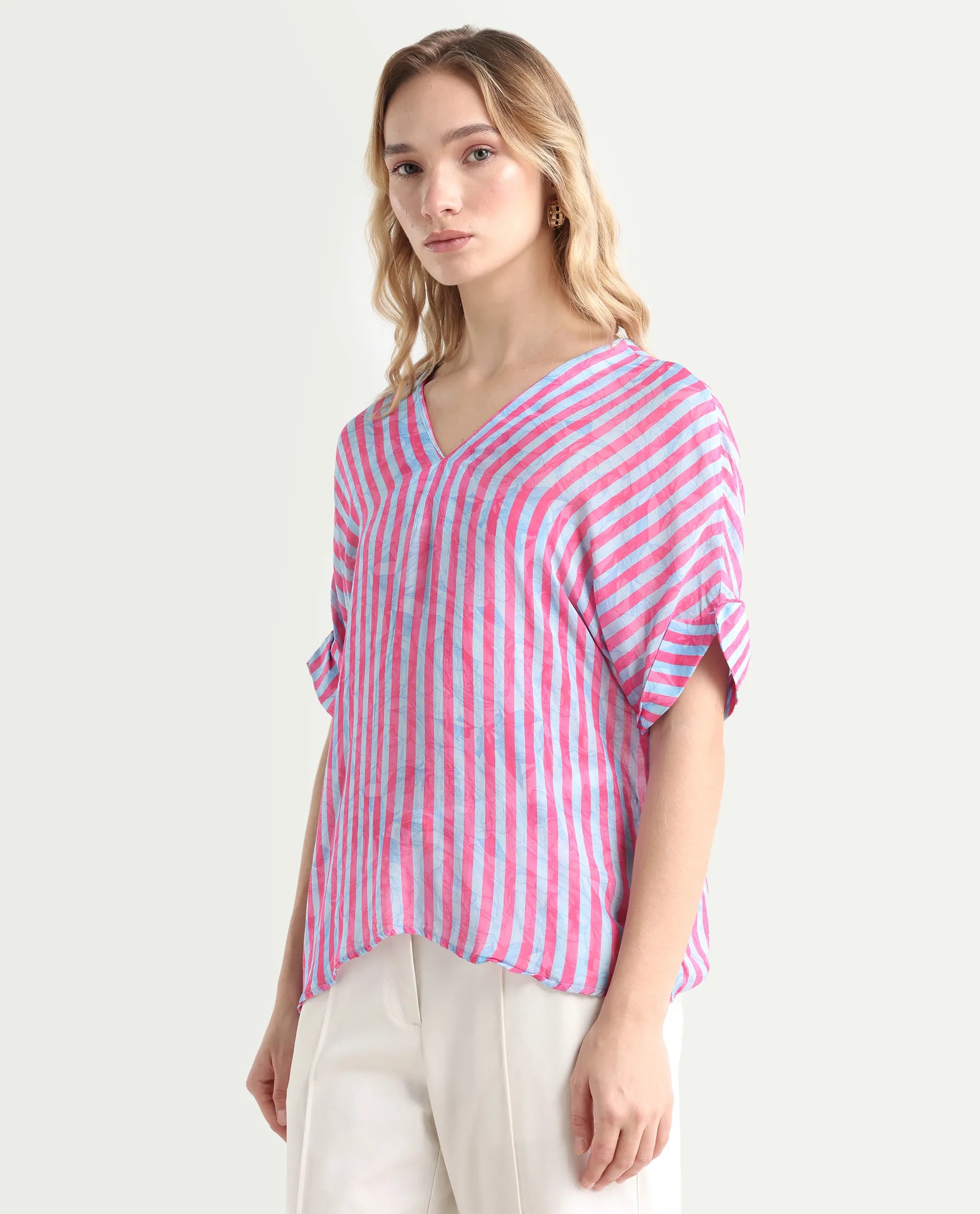 Rareism Women's Stigner Pink Cotton V-Neck Striped Extended Sleeves Regular Fit Top