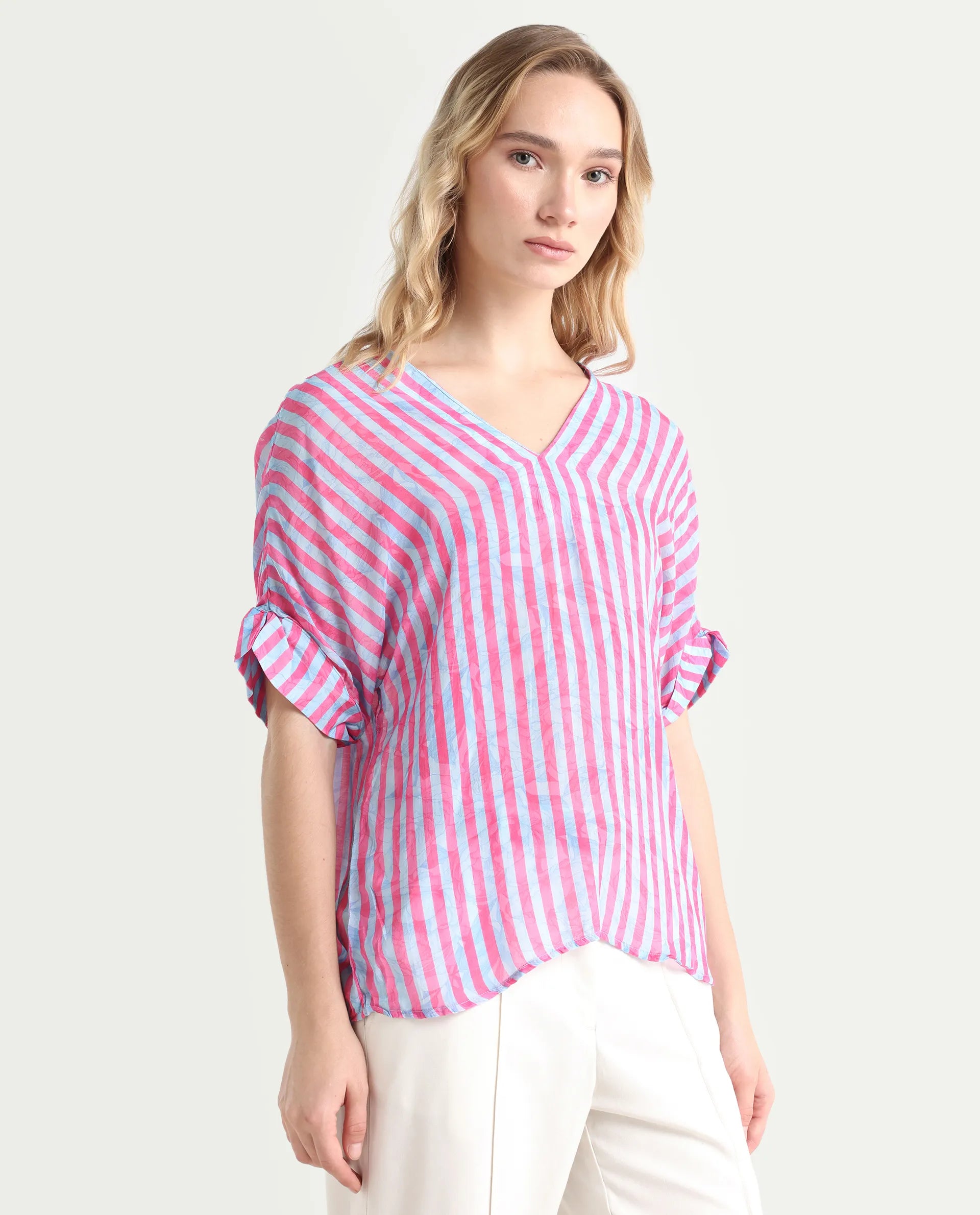 Rareism Women's Stigner Pink Cotton V-Neck Striped Extended Sleeves Regular Fit Top