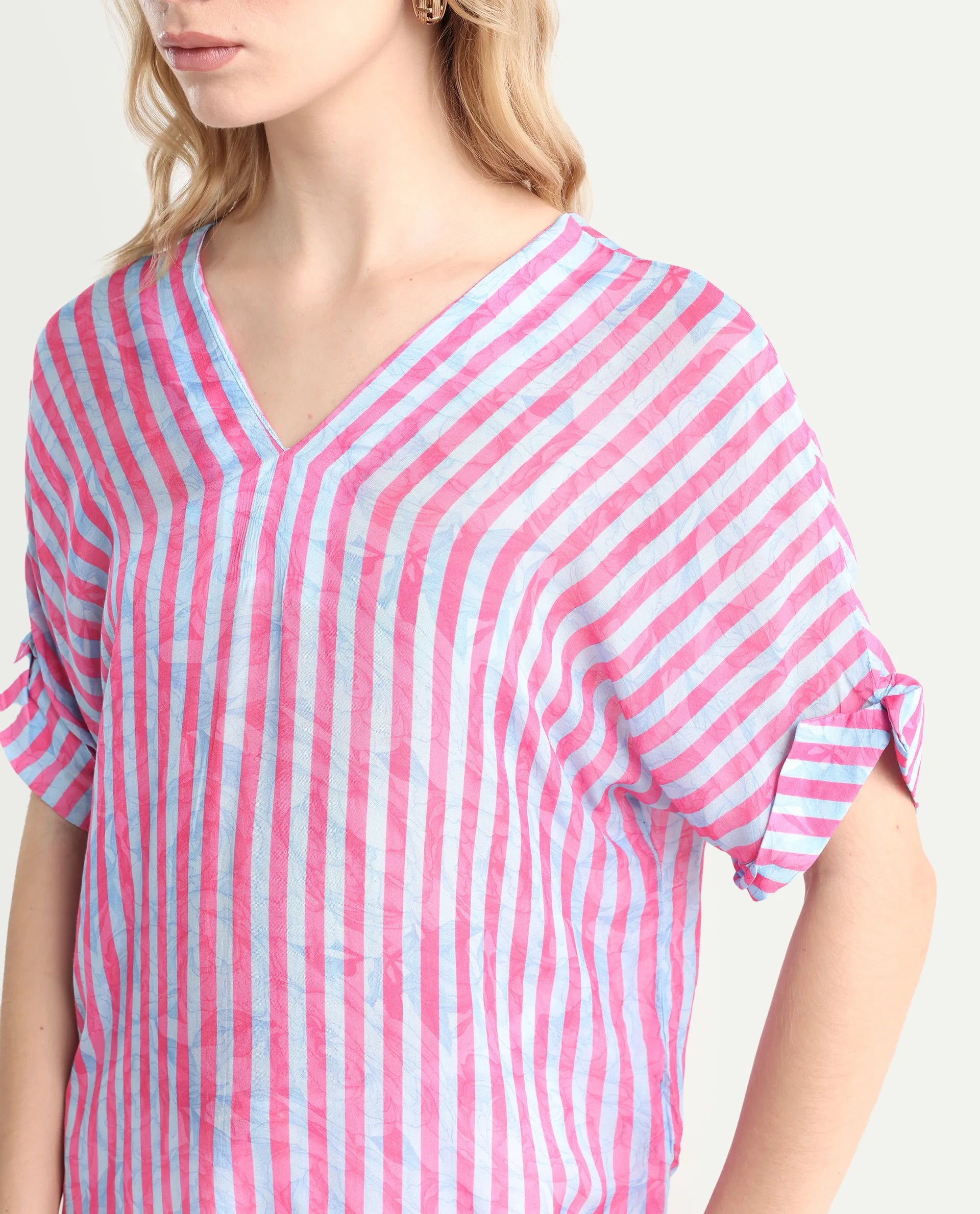 Rareism Women's Stigner Pink Cotton V-Neck Striped Extended Sleeves Regular Fit Top