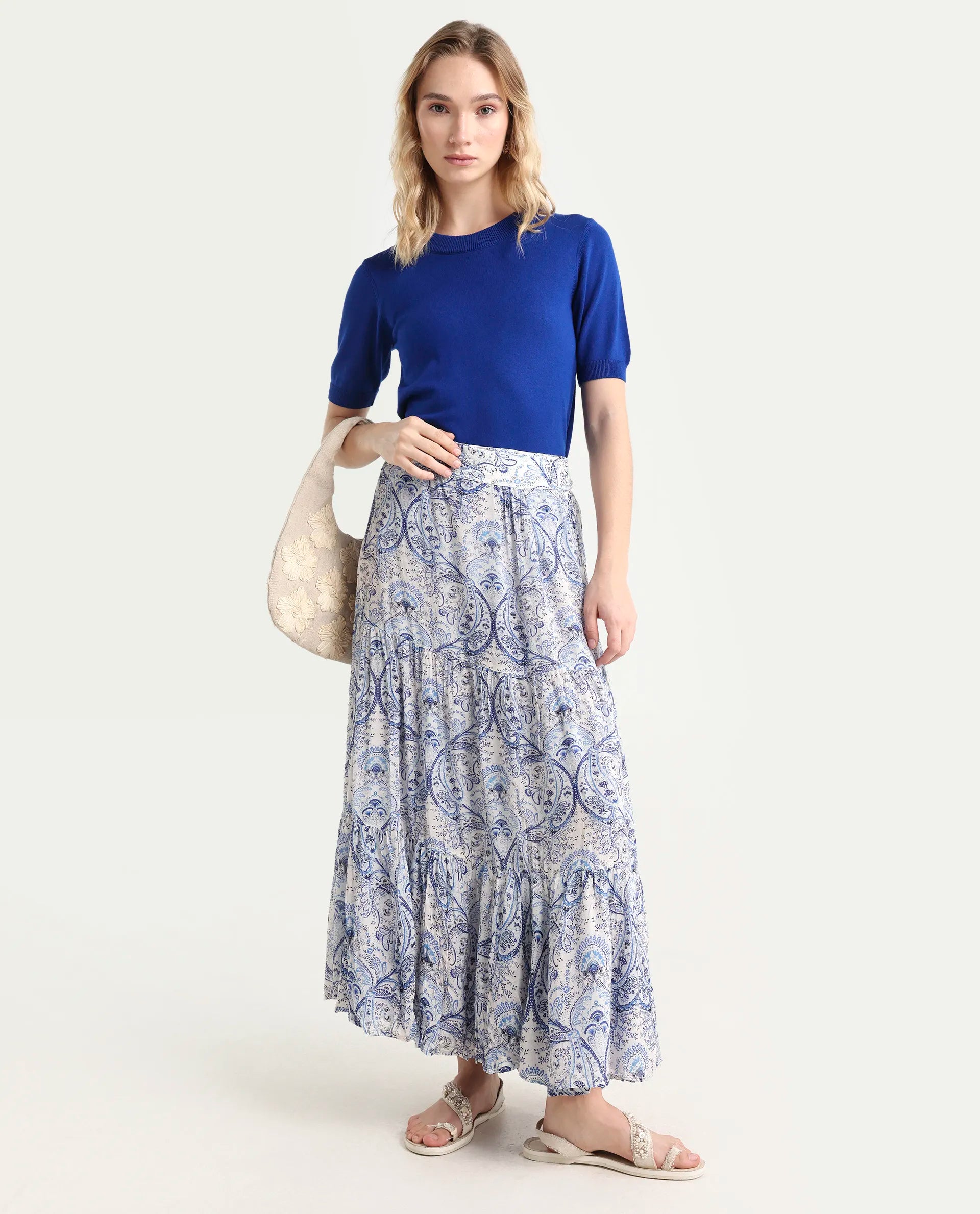 Rareism Women's Stignert Multi Cotton Paisley Print Ankle Length Relaxed Fit Skirt