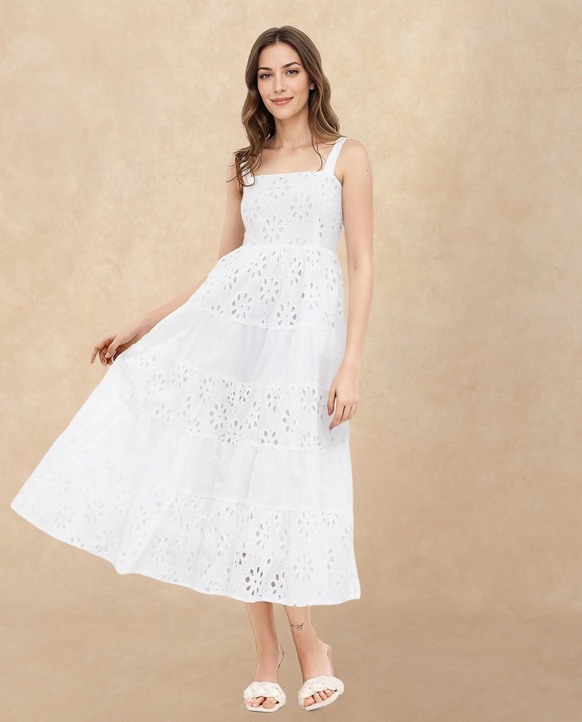 Rareism Women Stiletus White Cotton Fabric Noodle Strap Solid Longline Dress