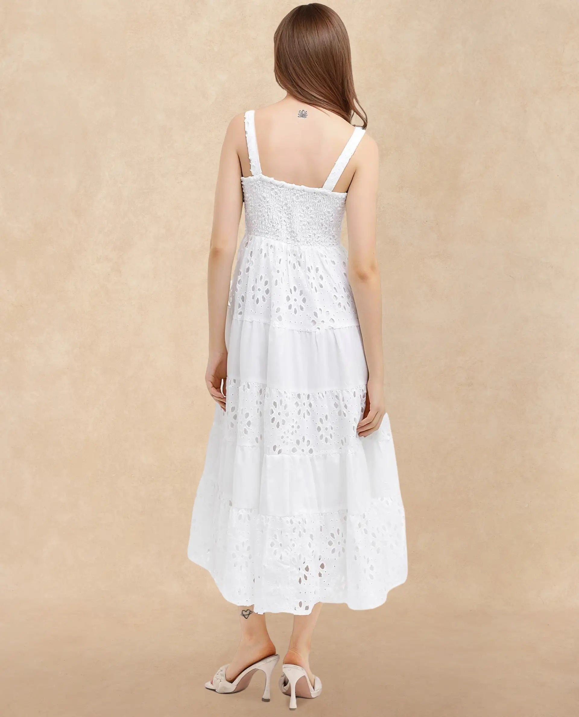 Rareism Women Stiletus White Cotton Fabric Noodle Strap Solid Longline Dress