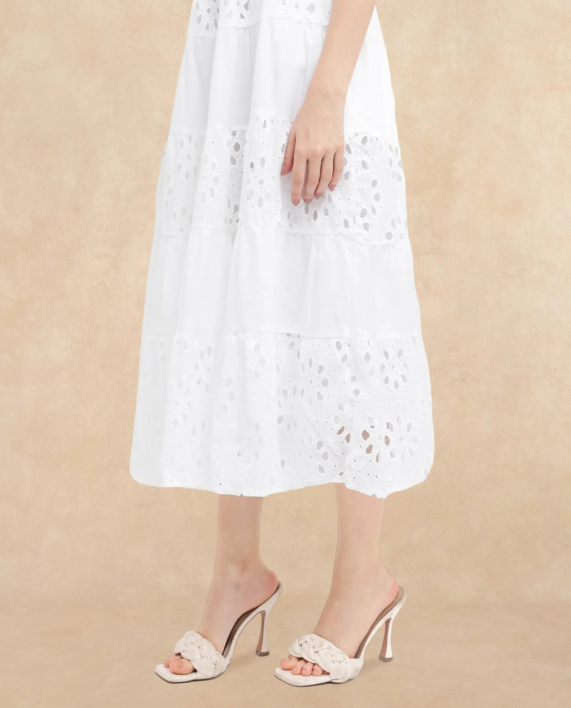 Rareism Women Stiletus White Cotton Fabric Noodle Strap Solid Longline Dress