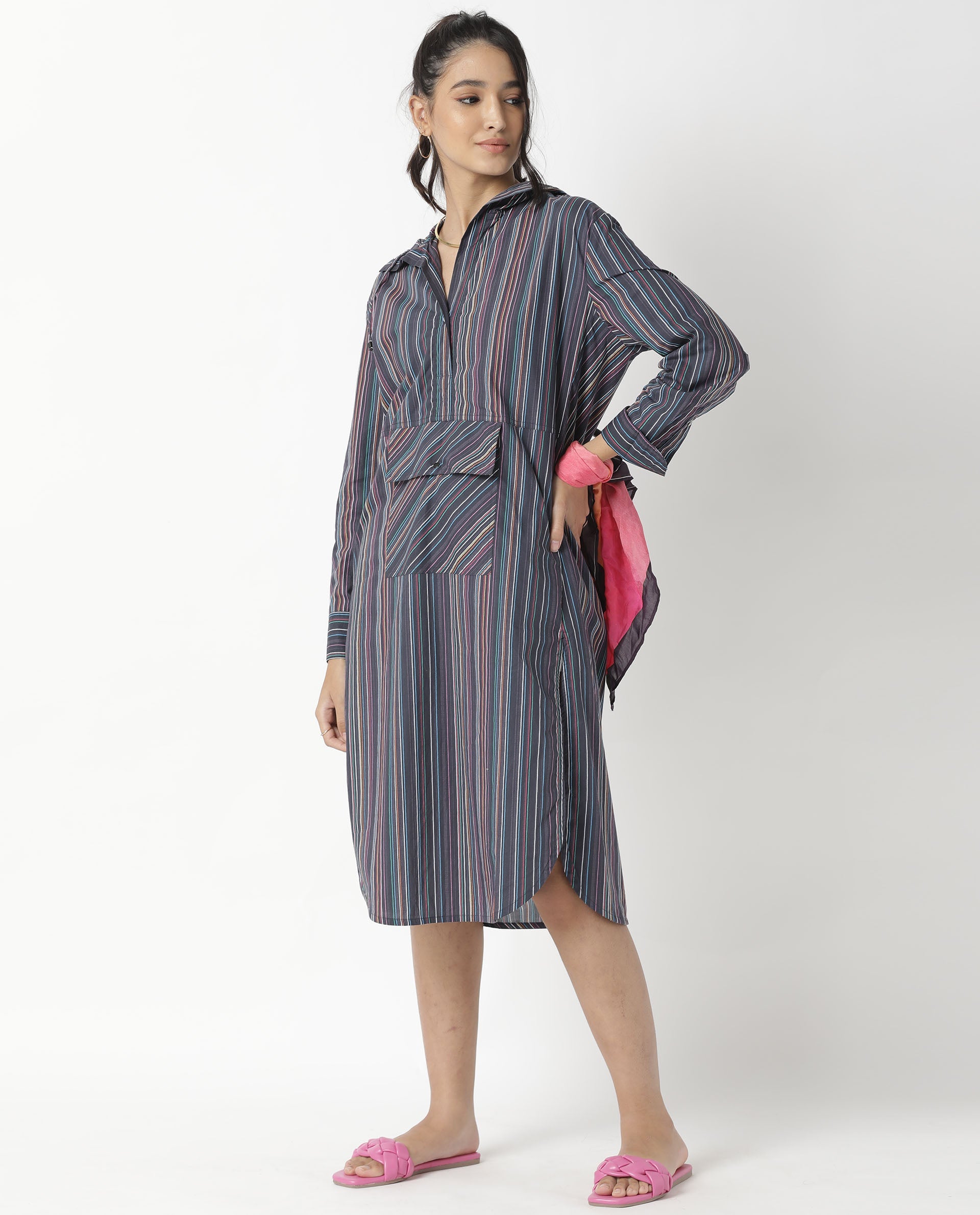 Rareism Women Stipey Black Full Sleeves Neck With Hoodie Centre Patch Pocket With Side Slit Knee Length Dress