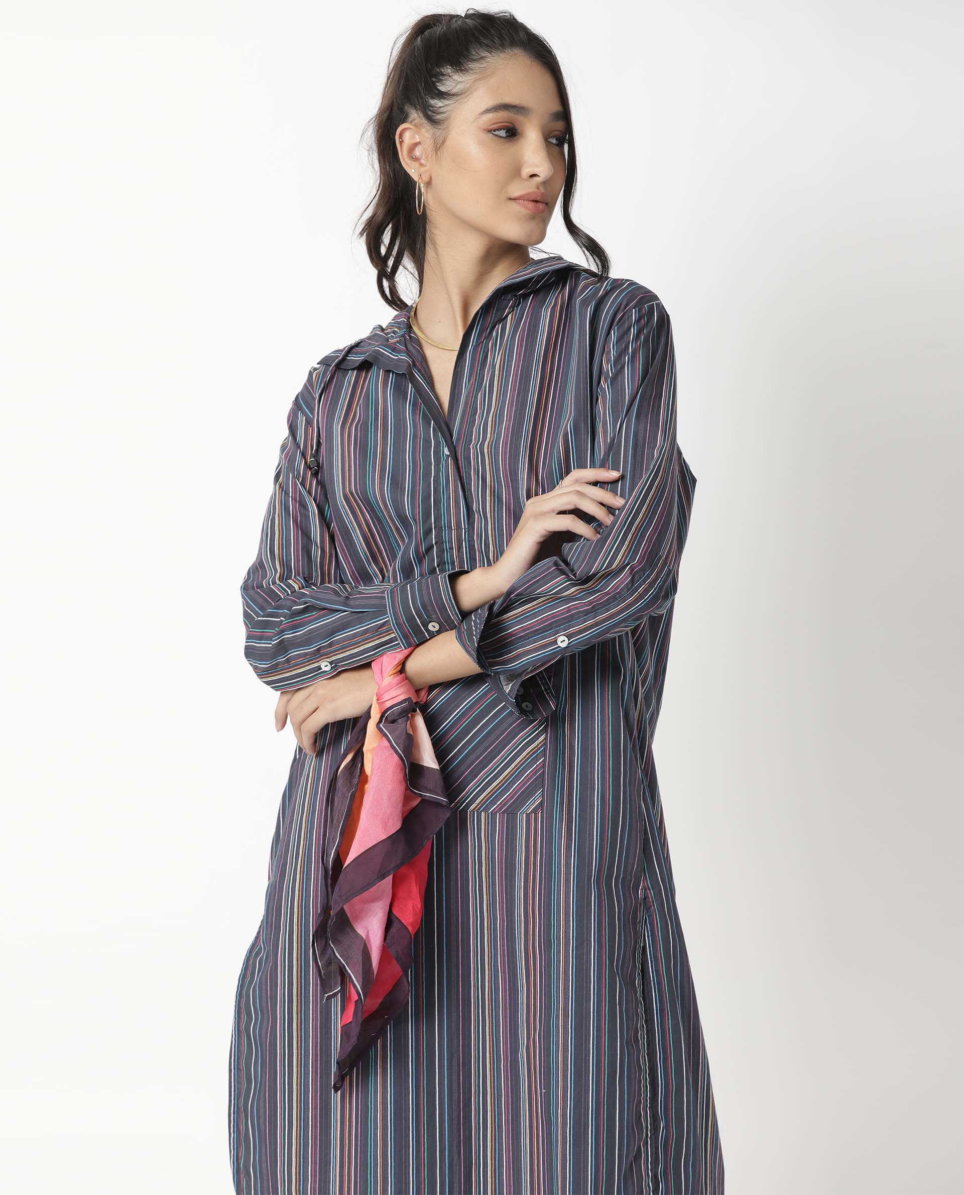 Rareism Women Stipey Black Full Sleeves Neck With Hoodie Centre Patch Pocket With Side Slit Knee Length Dress