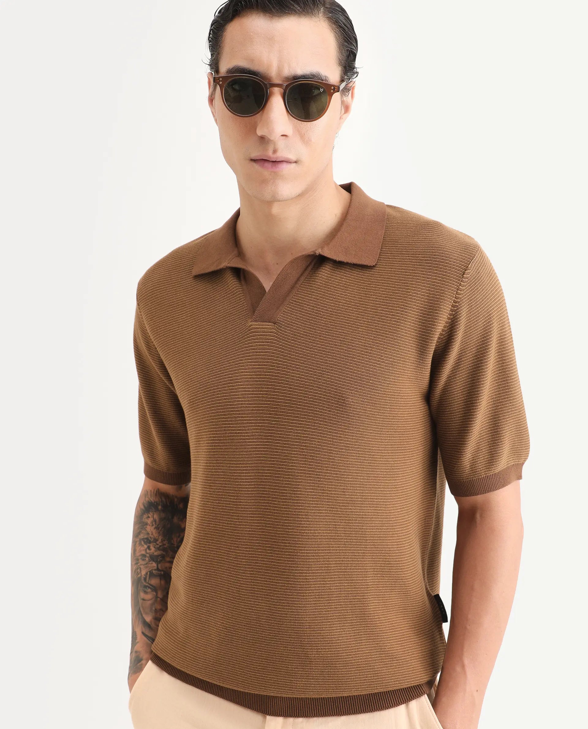 Rare Rabbit Men's Stir Brown Cotton Fabric Half Sleeve Regular Fit Textured Polo