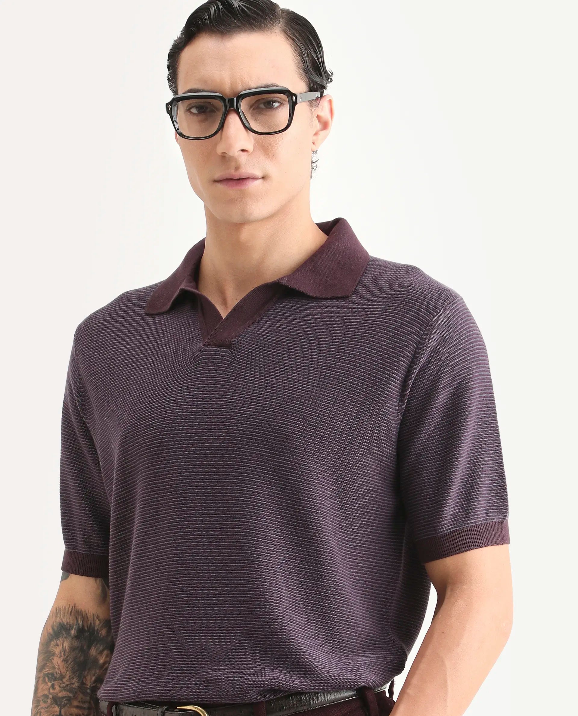 Rare Rabbit Men's Stir Dark Purple Cotton Fabric Half Sleeve Regular Fit Textured Polo