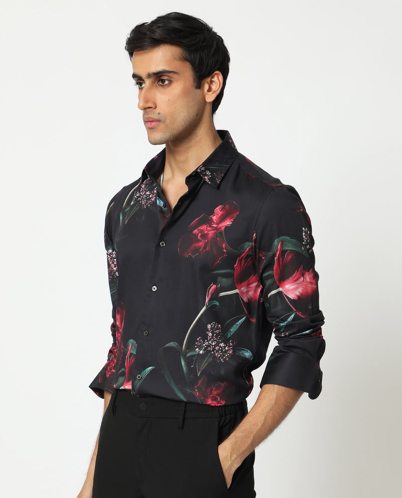 Rare Rabbit Men's Stock Black Viscose Fabric Floral Print Full Sleeves Shirt