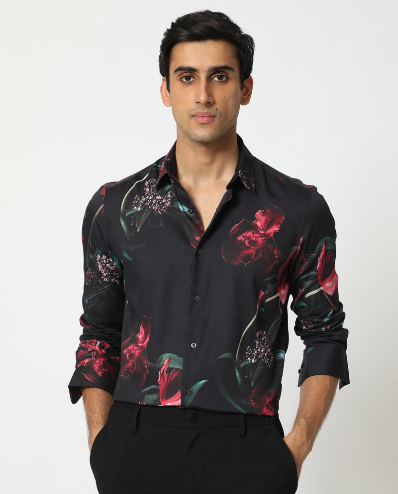 Rare Rabbit Men's Stock Black Viscose Fabric Floral Print Full Sleeves Shirt