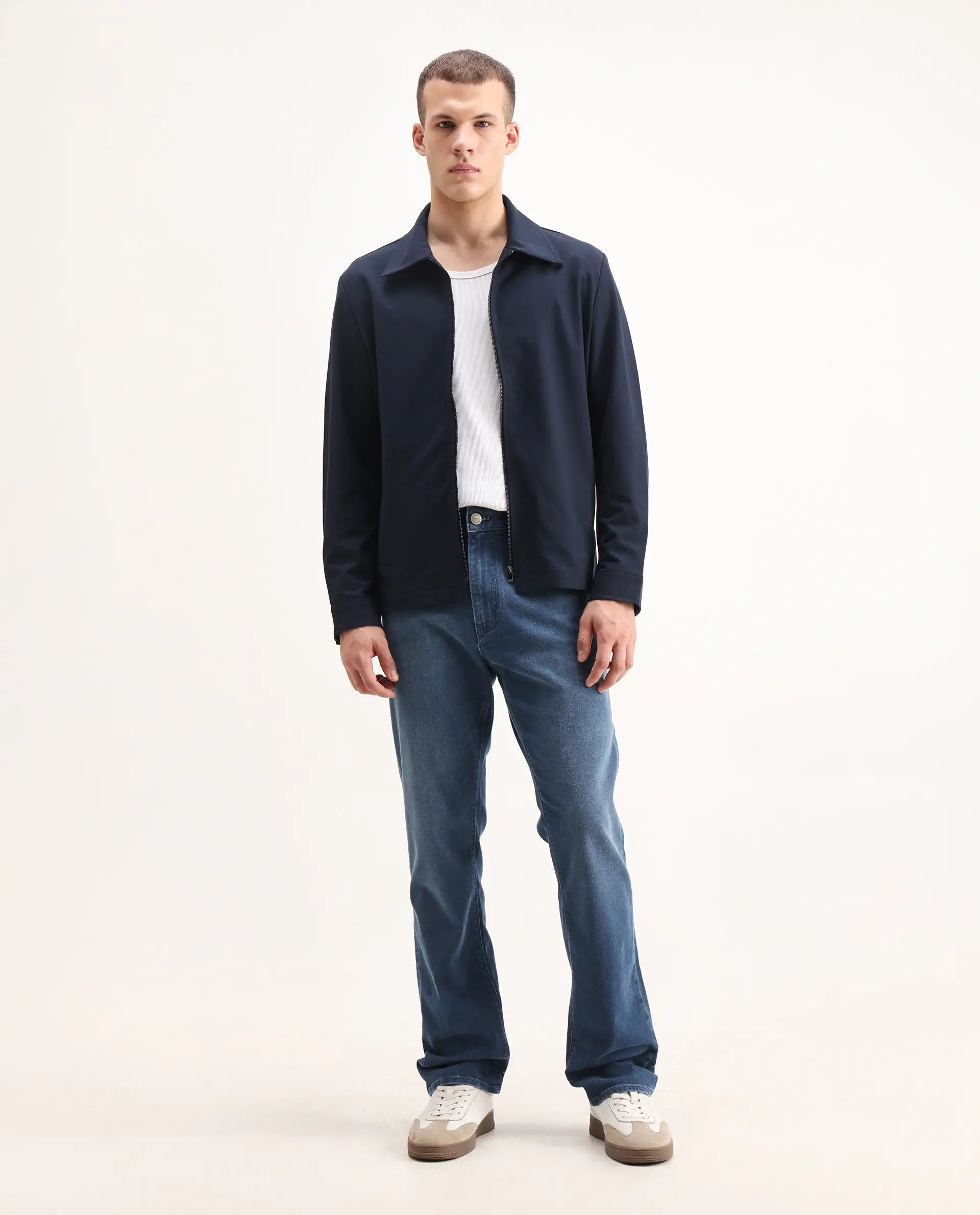 Rare Rabbit Men's Stone Blue Cotton Blend Plain Morris Regular Fit Jeans