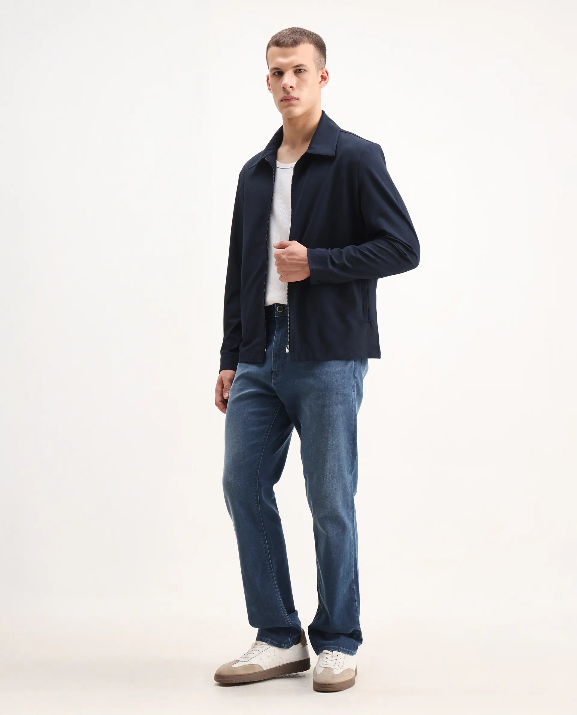 Rare Rabbit Men's Stone Blue Cotton Blend Plain Morris Regular Fit Jeans