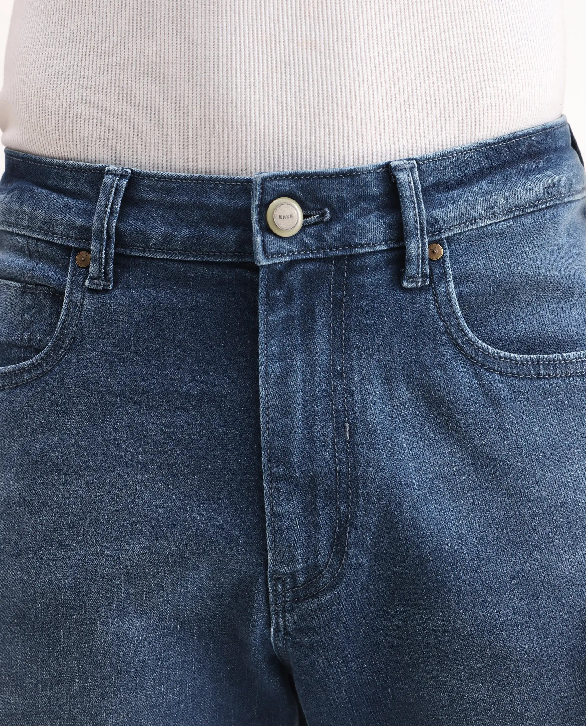 Rare Rabbit Men's Stone Blue Cotton Blend Plain Morris Regular Fit Jeans