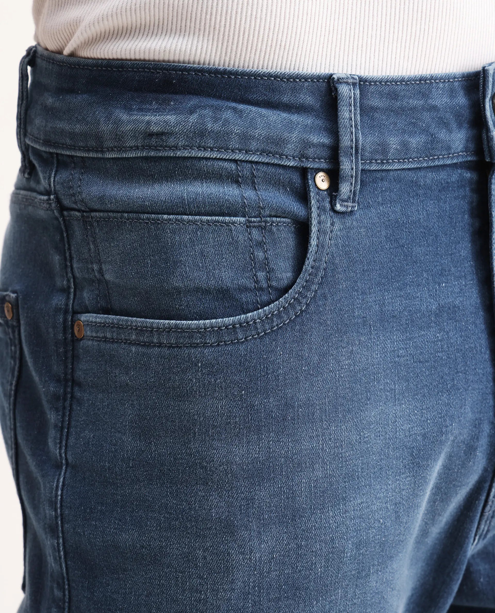 Rare Rabbit Men's Stone Blue Cotton Blend Plain Morris Regular Fit Jeans