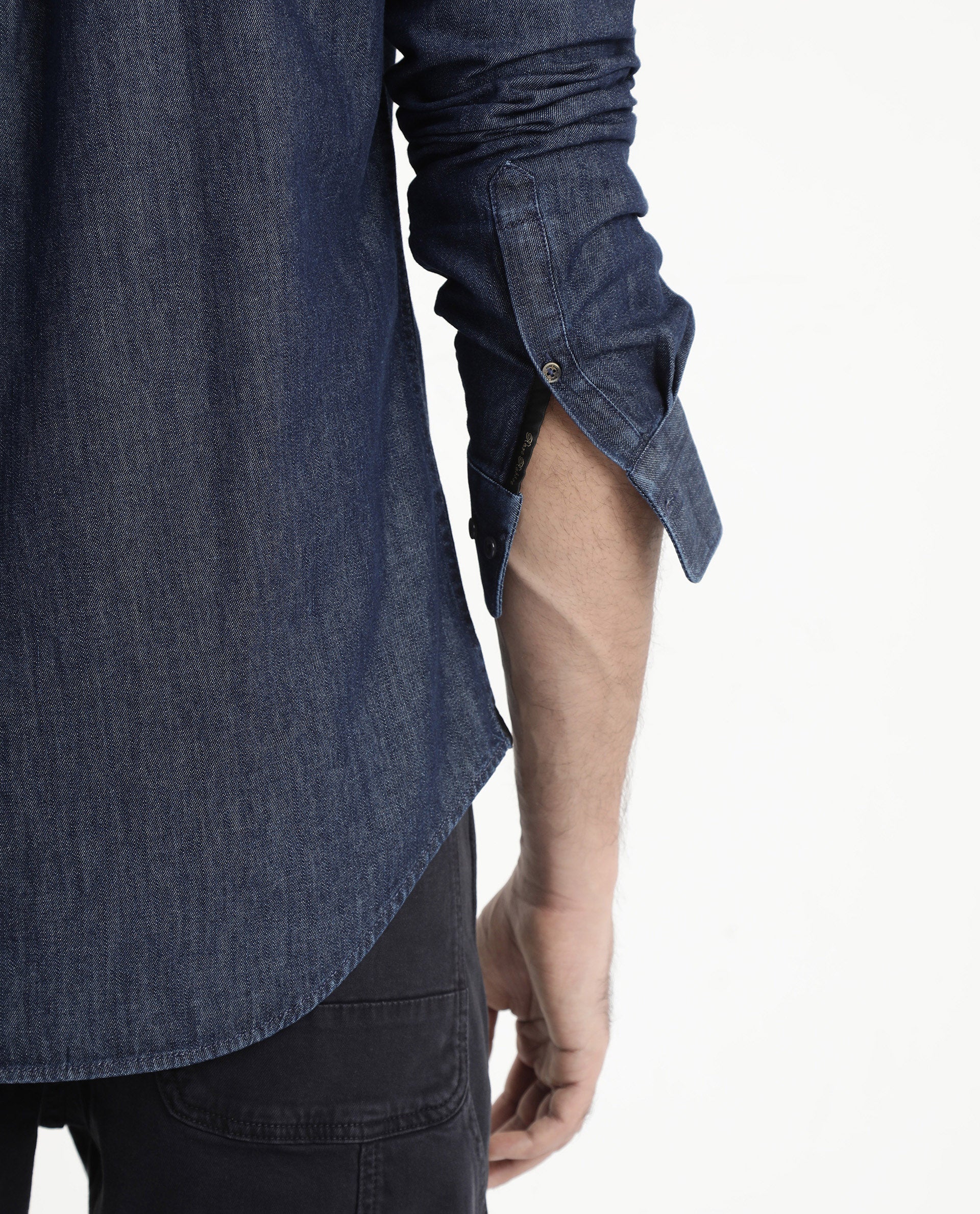 Rare Rabbit Men's Storm Dark Blue Cotton Fabric Full Sleeve Regular Fit Plain Denim Shirt