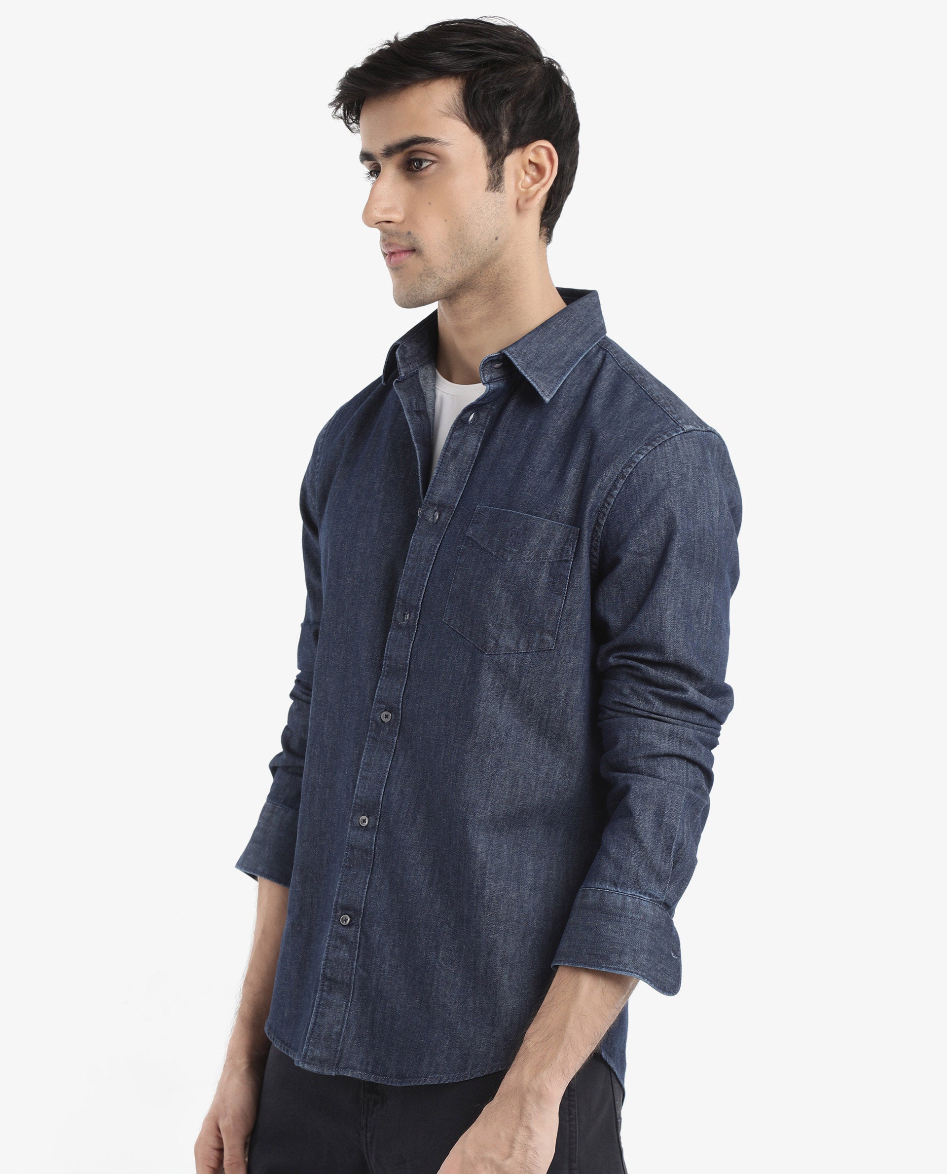 Rare Rabbit Men's Storm Dark Blue Cotton Fabric Full Sleeve Regular Fit Plain Denim Shirt