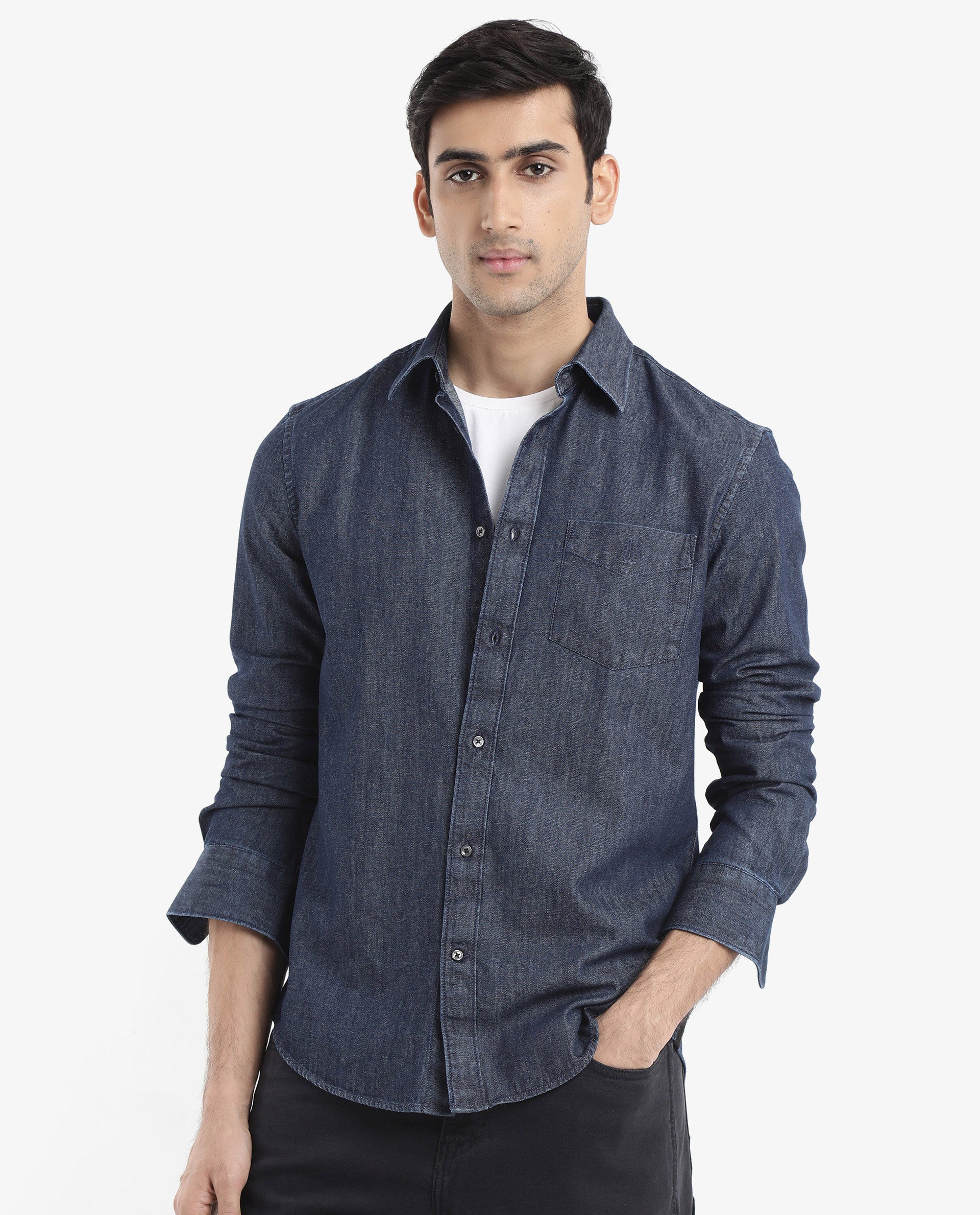 Rare Rabbit Men's Storm Dark Blue Cotton Fabric Full Sleeve Regular Fit Plain Denim Shirt