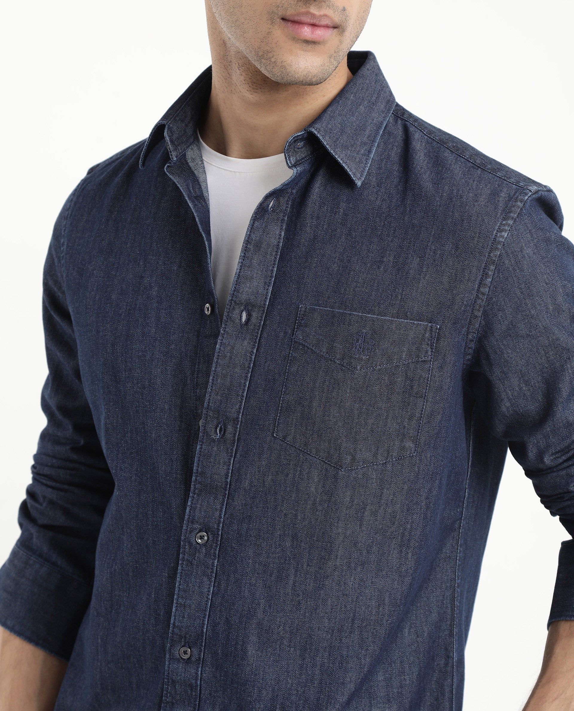 Rare Rabbit Men's Storm Dark Blue Cotton Fabric Full Sleeve Regular Fit Plain Denim Shirt