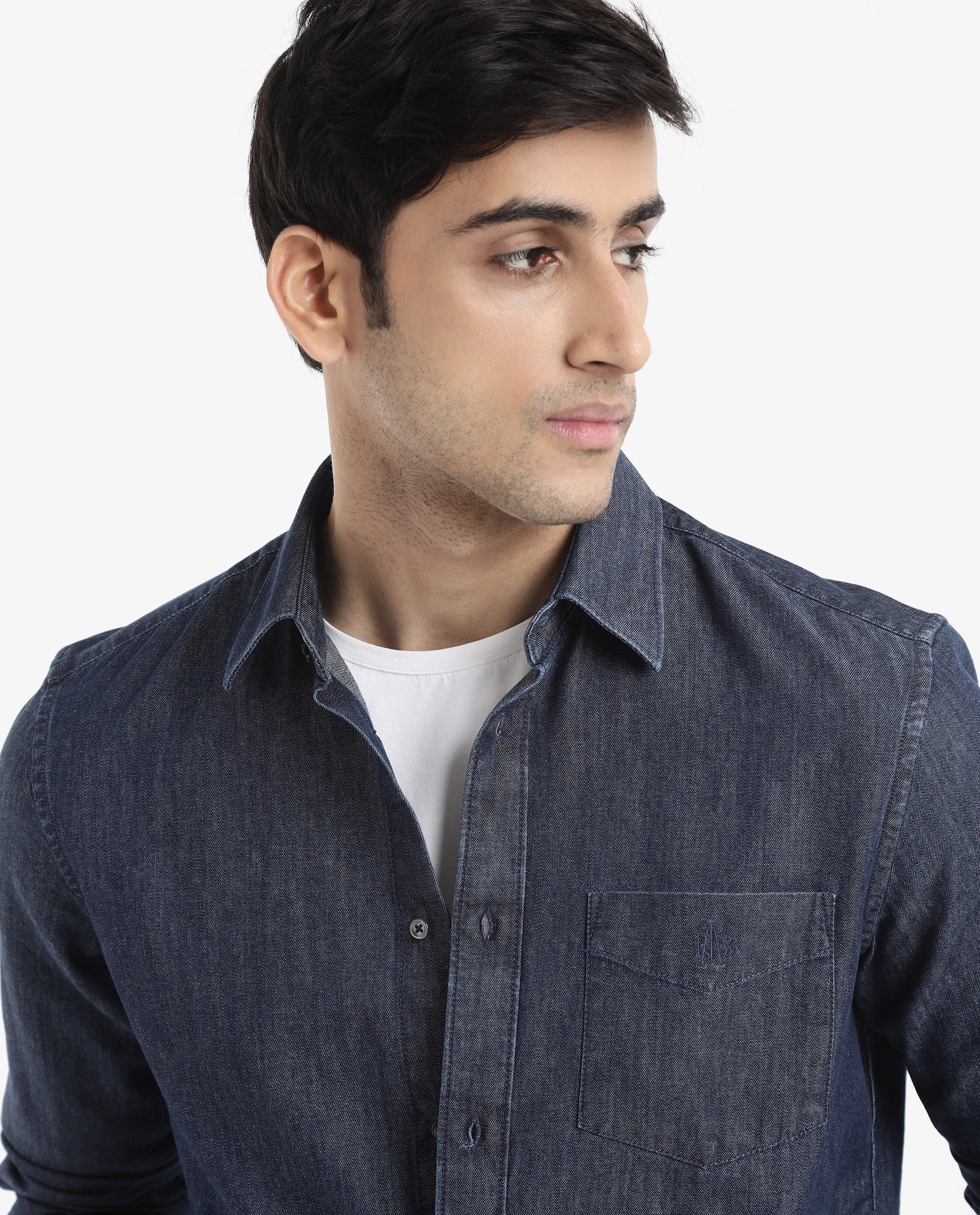 Rare Rabbit Men's Storm Dark Blue Cotton Fabric Full Sleeve Regular Fit Plain Denim Shirt
