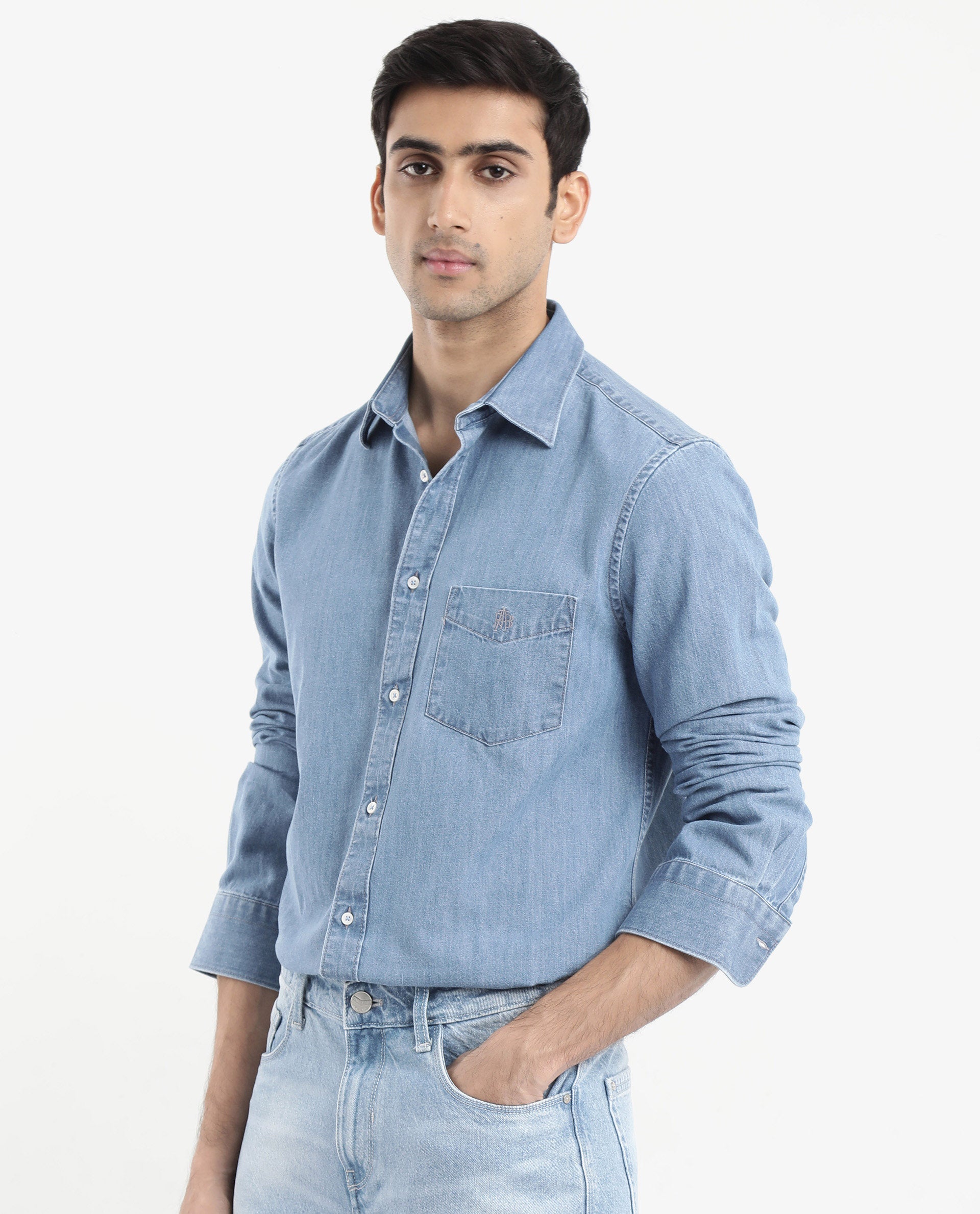 Rare Rabbit Men's Storm Light Blue Cotton Fabric Full Sleeve Regular Fit Plain Denim Shirt