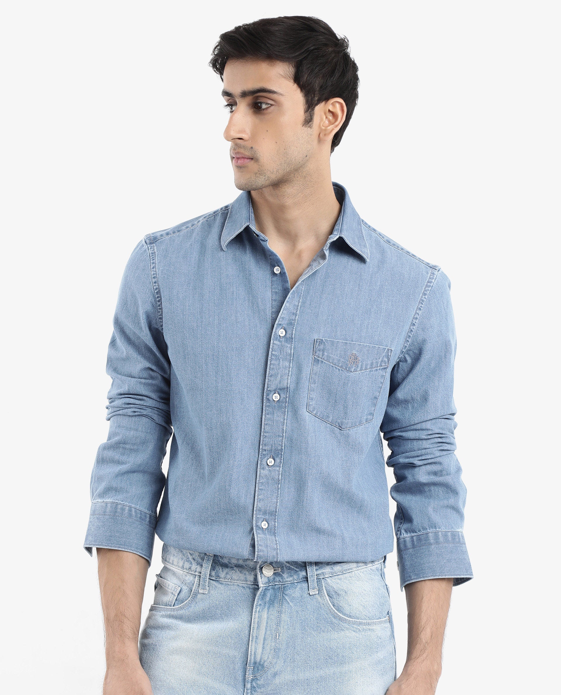 Rare Rabbit Men's Storm Light Blue Cotton Plain Regular Fit Full Sleeve Collared Shirt