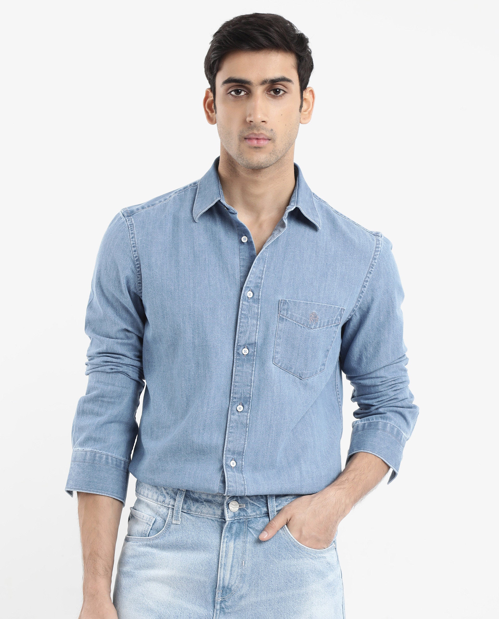 Rare Rabbit Men's Storm Light Blue Cotton Fabric Full Sleeve Regular Fit Plain Denim Shirt