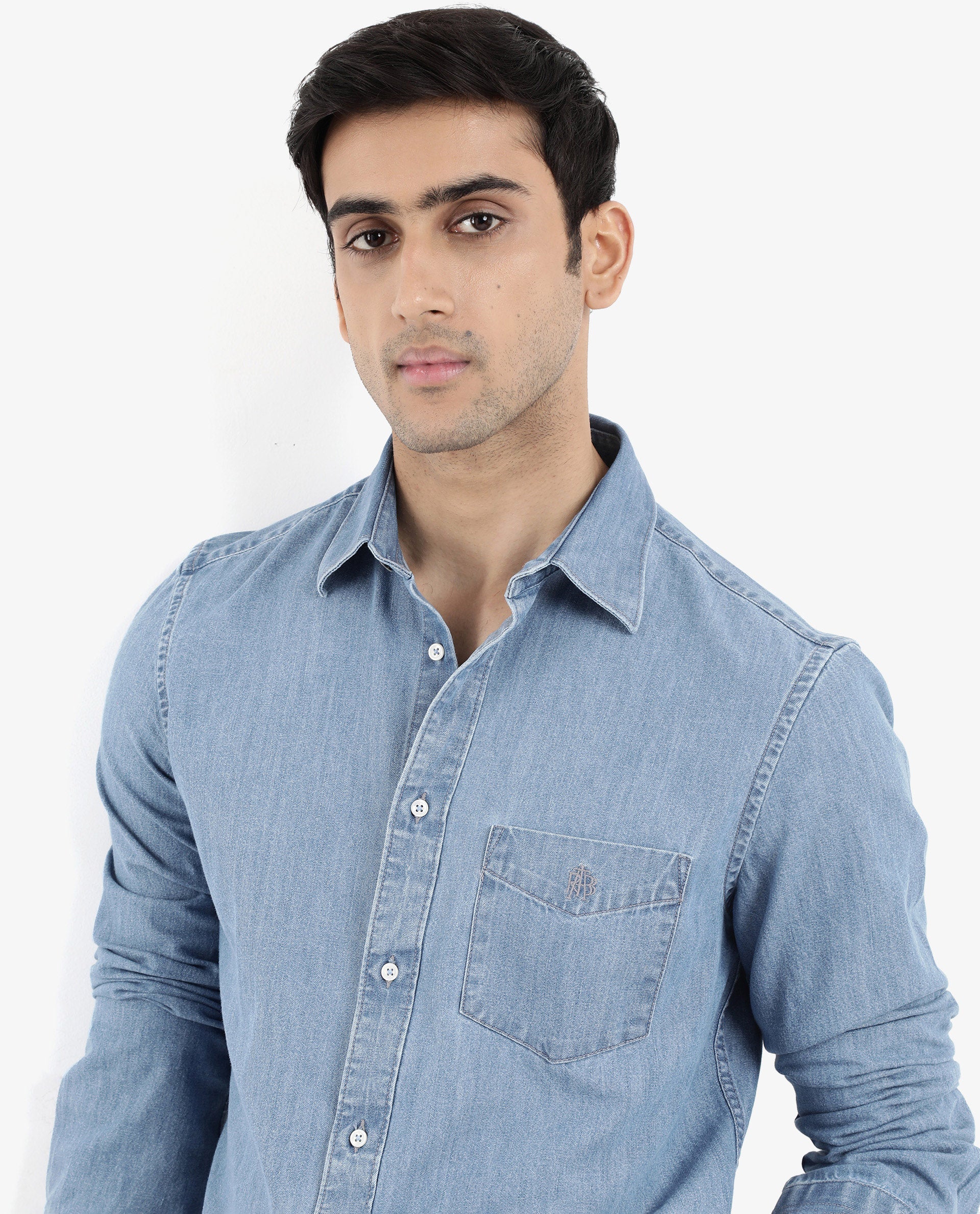 Rare Rabbit Men's Storm Light Blue Cotton Fabric Full Sleeve Regular Fit Plain Denim Shirt