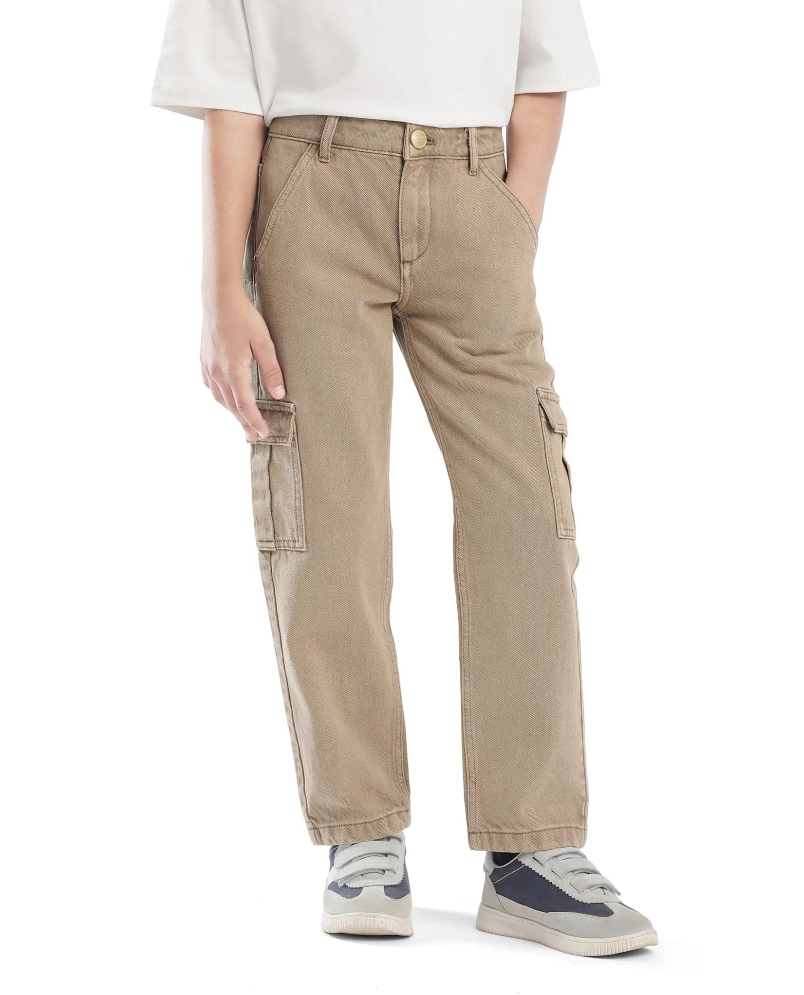 Rare Ones Kids Strait-B Beige Cotton Button And Zipper Closure Plain Loose Fit Jeans