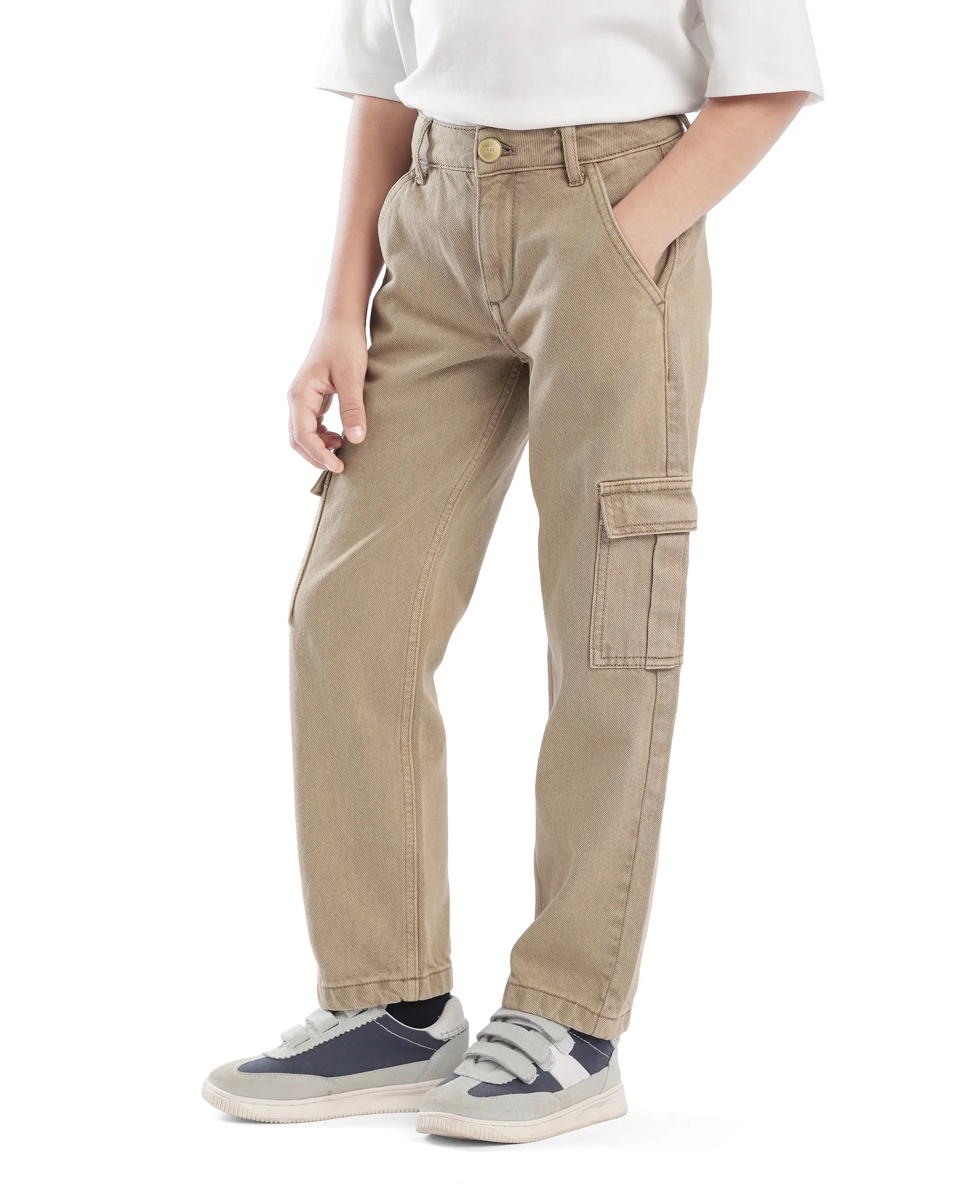 Rare Ones Kids Strait-B Beige Cotton Button And Zipper Closure Plain Loose Fit Jeans