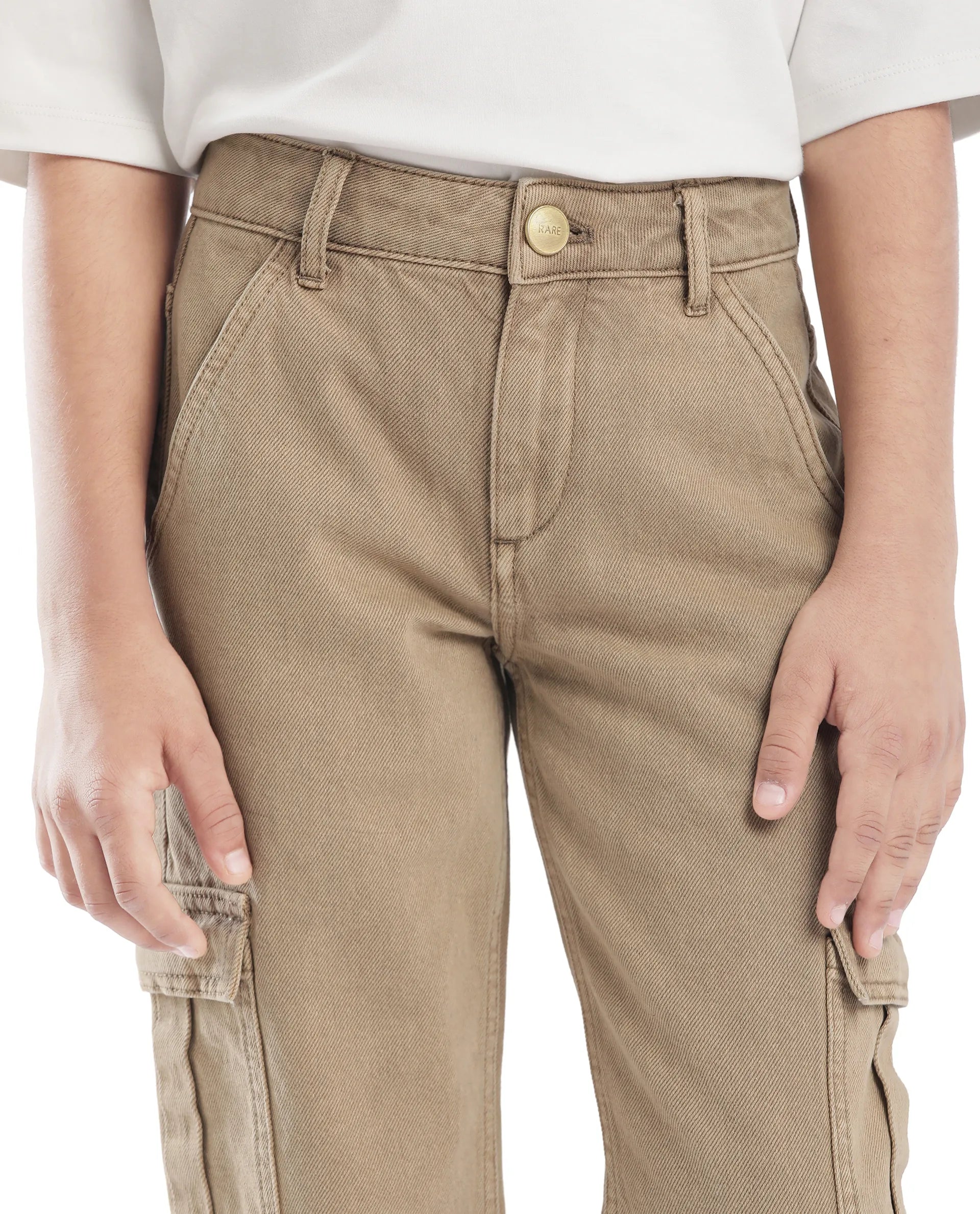 Rare Ones Kids Strait-B Beige Cotton Button And Zipper Closure Plain Loose Fit Jeans