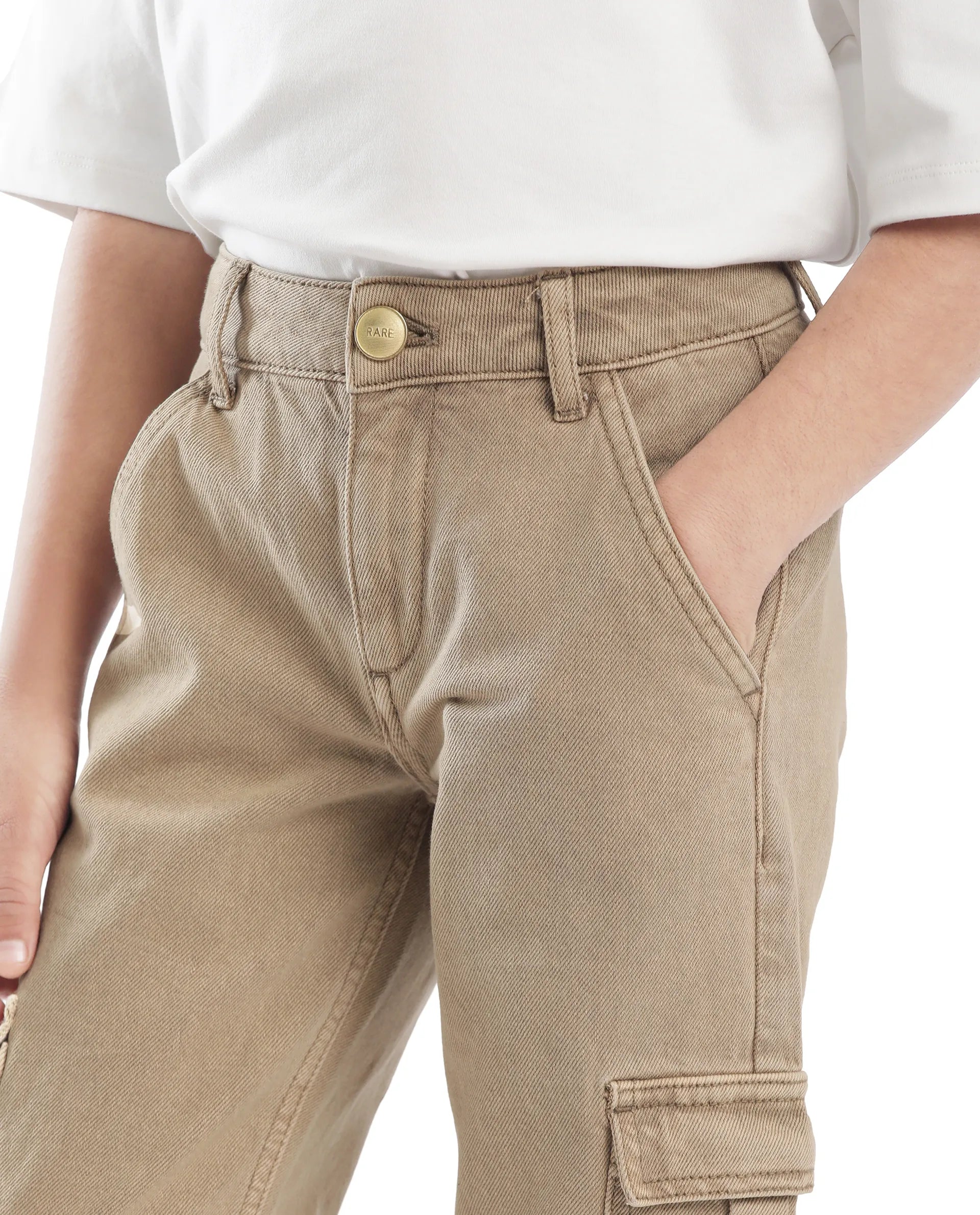 Rare Ones Kids Strait-B Beige Cotton Button And Zipper Closure Plain Loose Fit Jeans