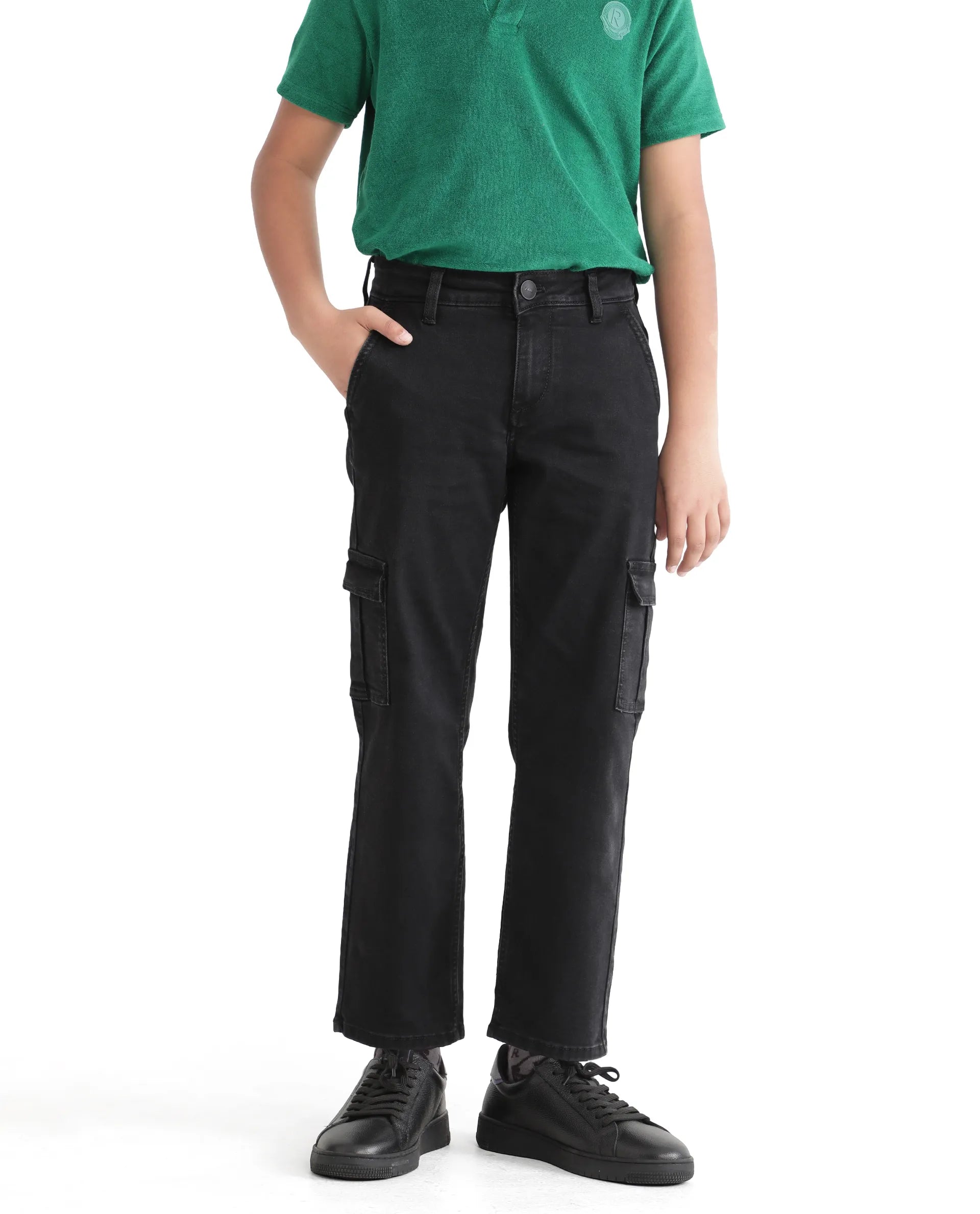 Rare Ones Kids Strait Black Cotton Zipper Closure Solid Loose Fit Jeans