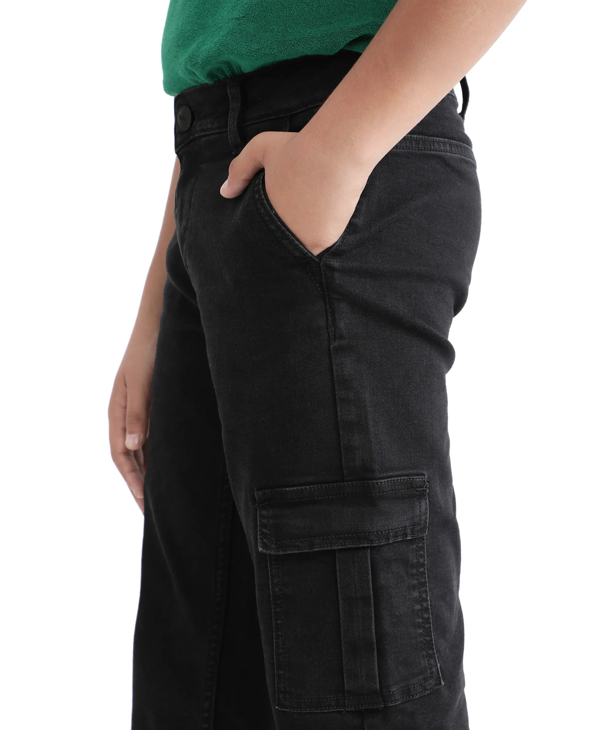 Rare Ones Kids Strait Black Cotton Zipper Closure Solid Loose Fit Jeans